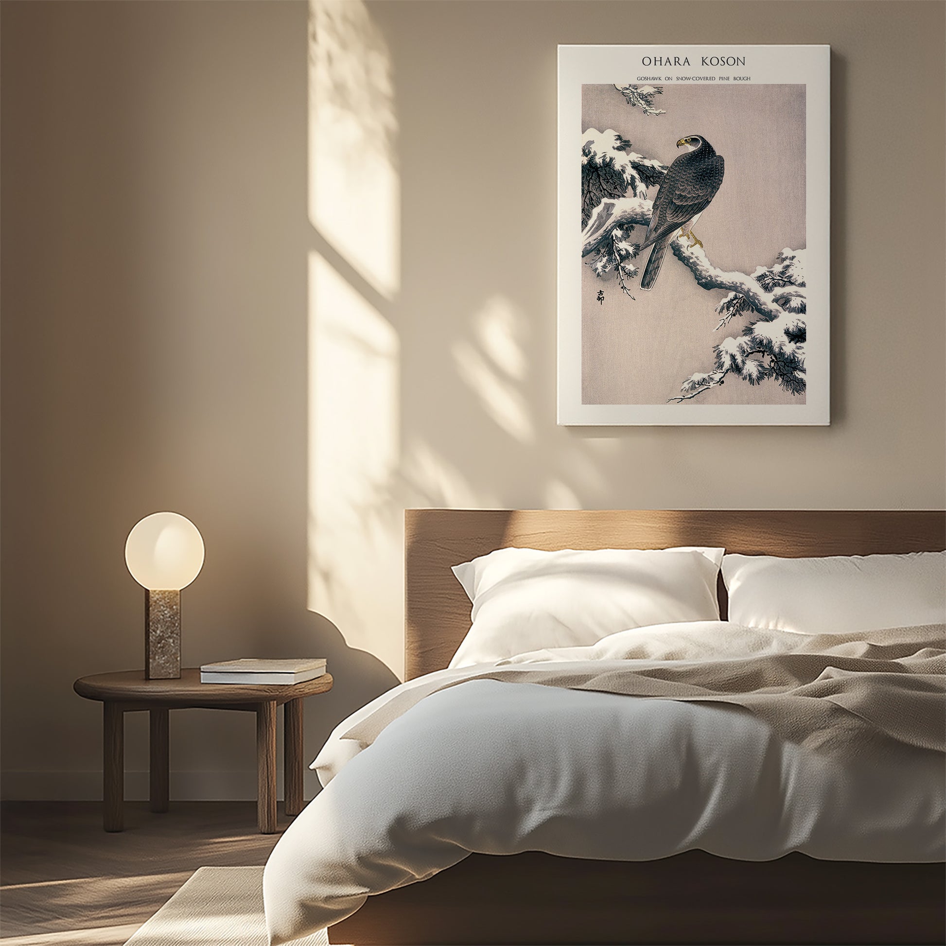 Design Concept No. 55 for Ohara Koson: Goshawk on Snow-covered Pine Bough  - Japandi Japanese Wall Art