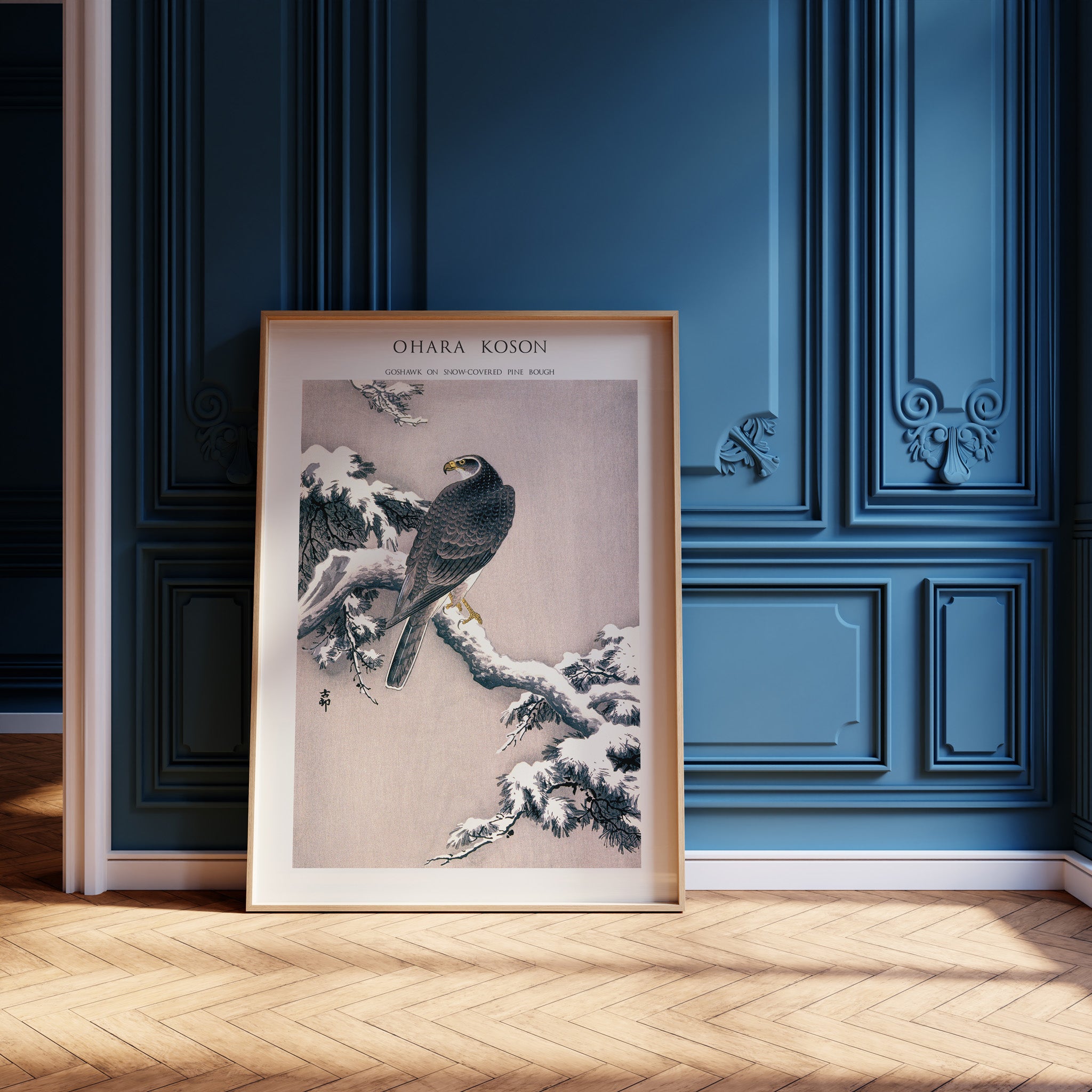 Design Concept No. 12 for Ohara Koson: Goshawk on Snow-covered Pine Bough  - Japandi Japanese Wall Art