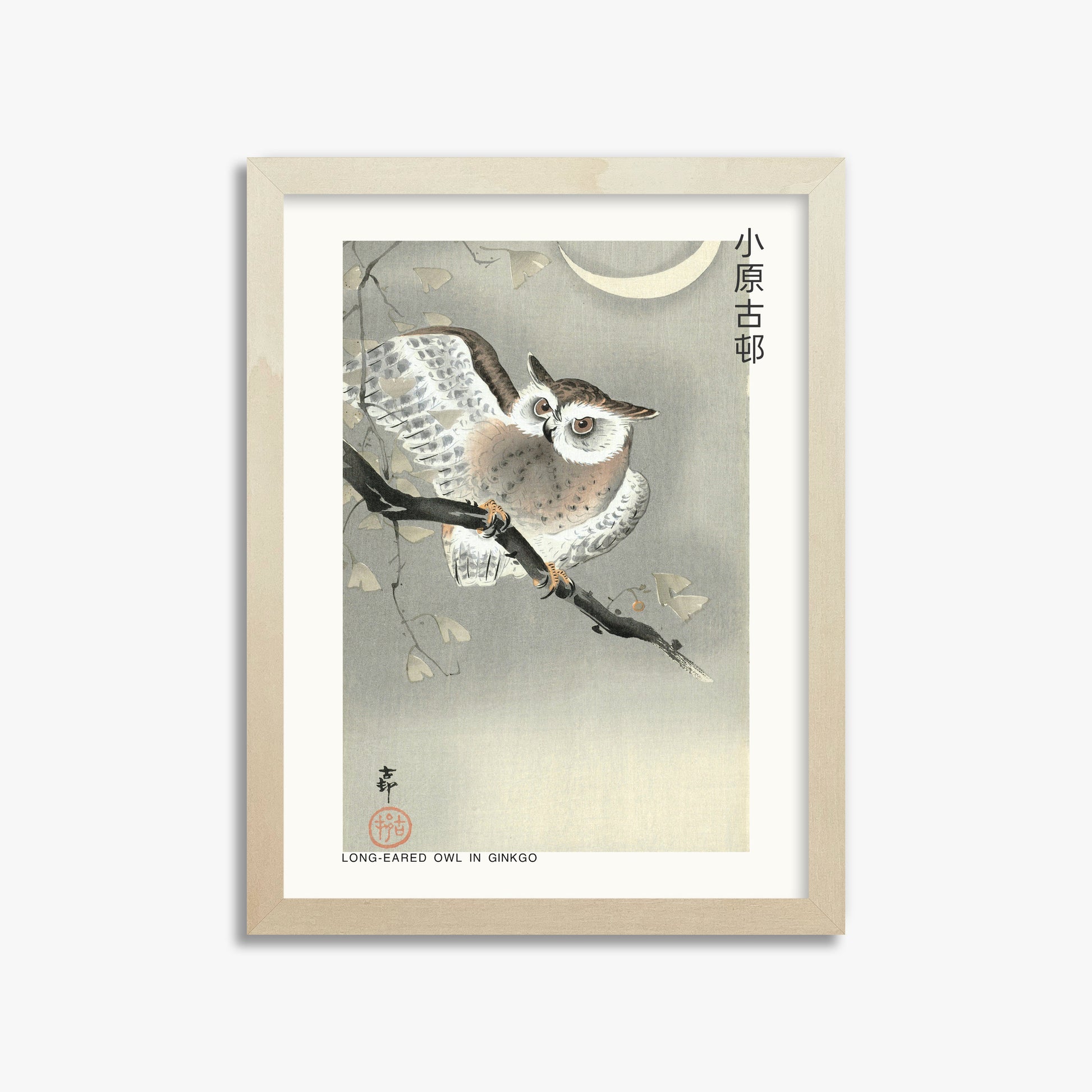 Ohara Koson: Long-eared owl in ginkgo - Japandi, 30x40cm Framed Art Reproduction With Lime Wood Frame