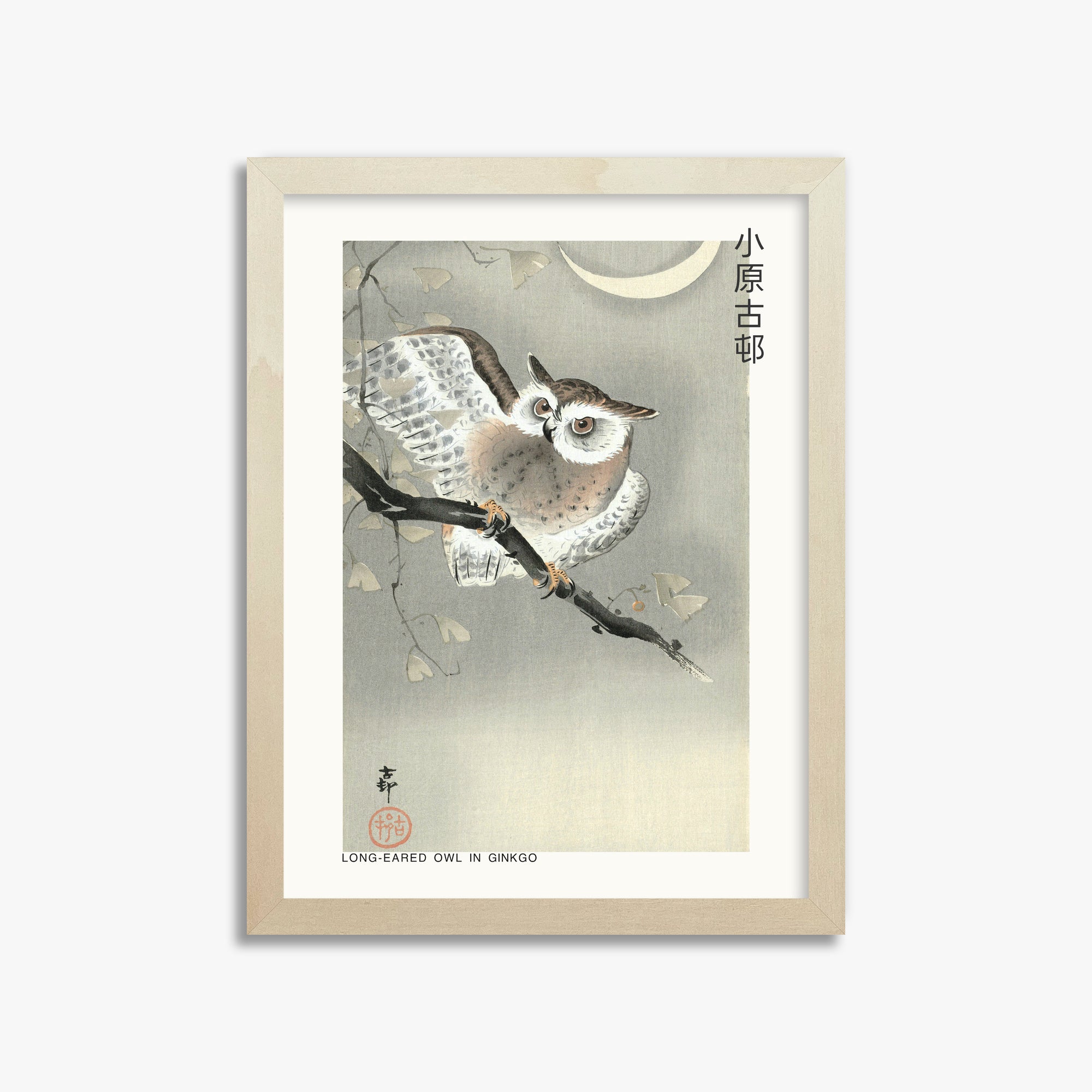 Ohara Koson: Long-eared owl in ginkgo - Japandi, 30x40cm Framed Art Reproduction With Lime Wood Frame