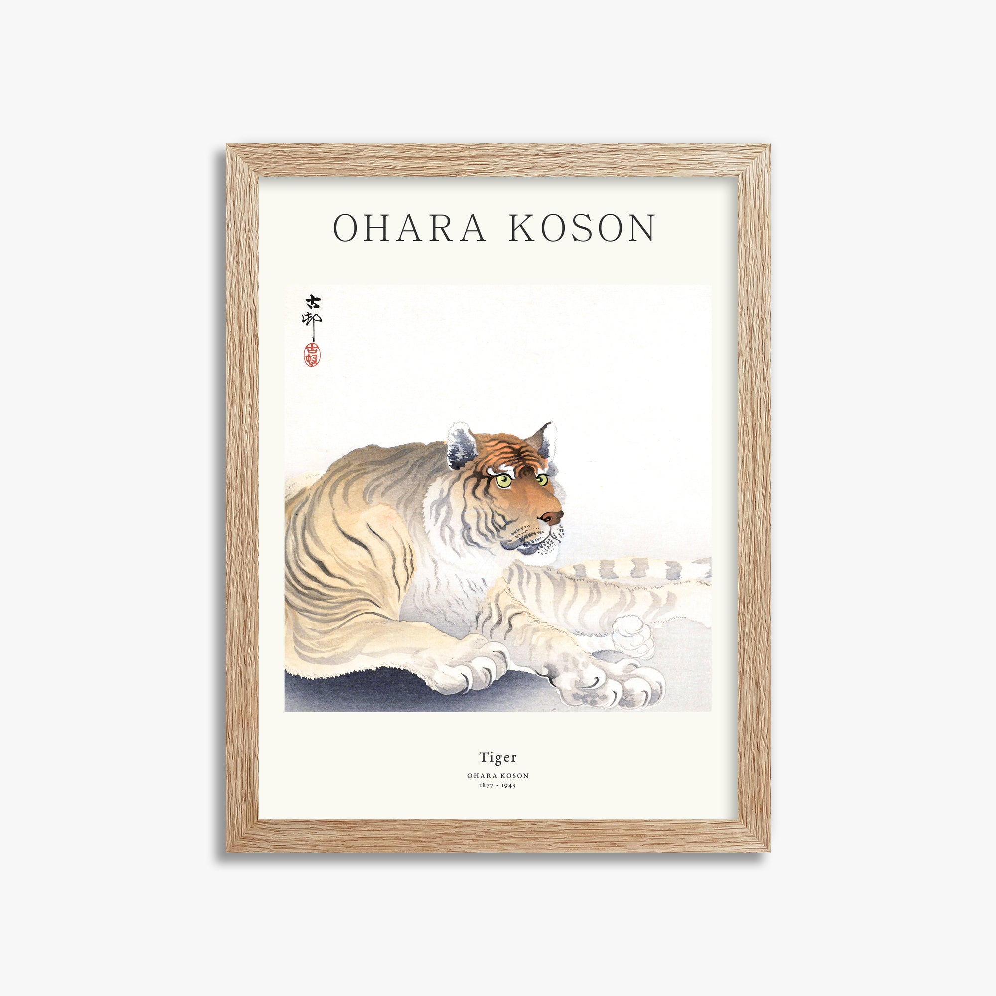Ohara Koson: Tiger - Japandi, 30x40cm Framed Art Reproduction With Raw Oak Frame