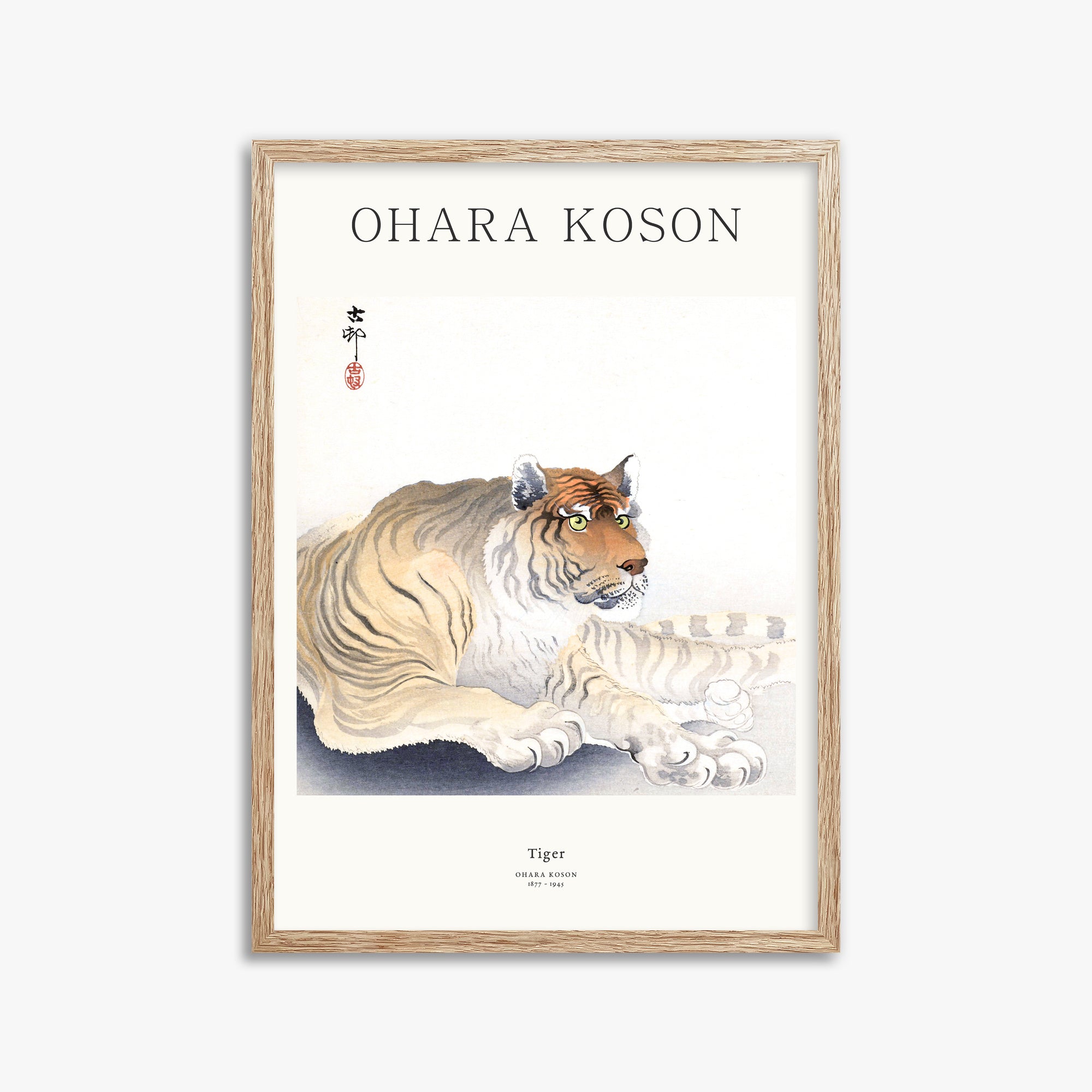 Ohara Koson: Tiger - Japandi, 50x70cm Framed Art Reproduction With Raw Oak Frame
