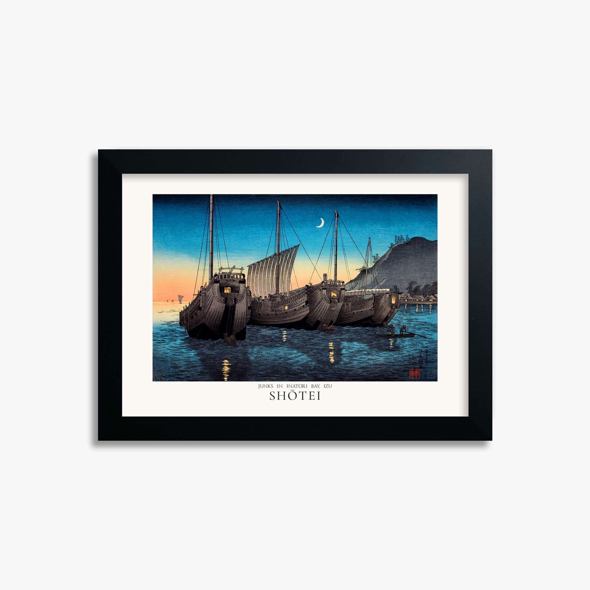 Shōtei: Junks in Inatori Bay, Izu - Japandi, 21x30cm Framed Art Reproduction With Black Frame