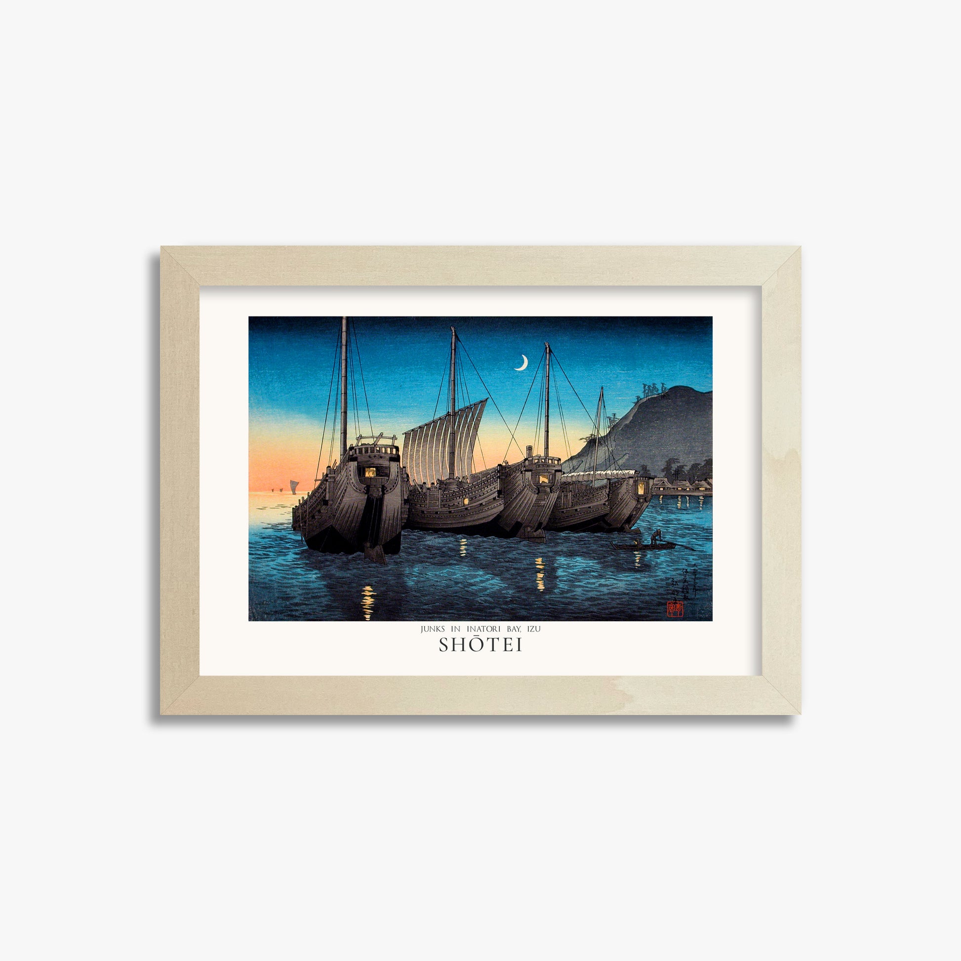 Shōtei: Junks in Inatori Bay, Izu - Japandi, 21x30cm Framed Art Reproduction With Lime Wood Frame