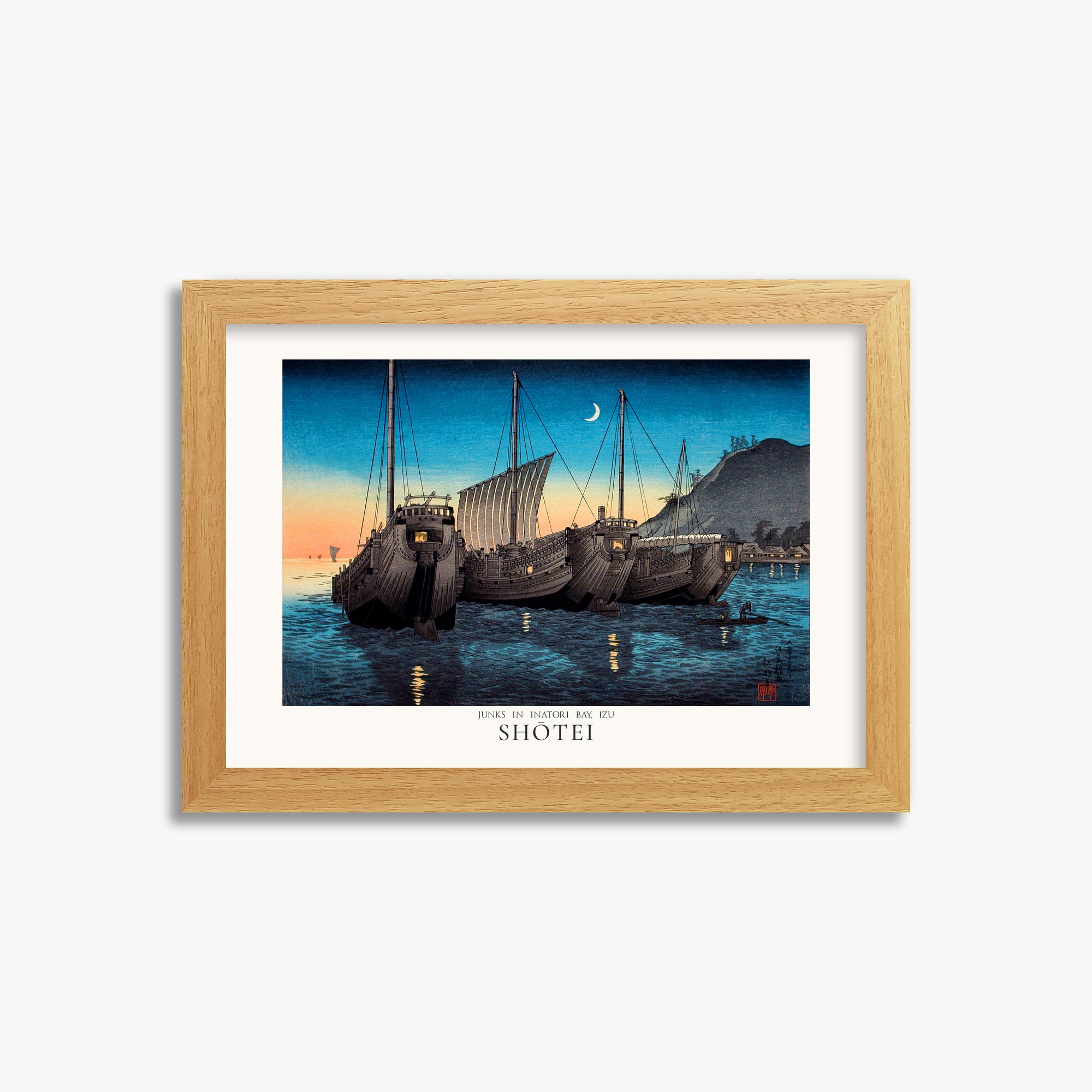 Shōtei: Junks in Inatori Bay, Izu - Japandi, 21x30cm Framed Art Reproduction With Oak Frame