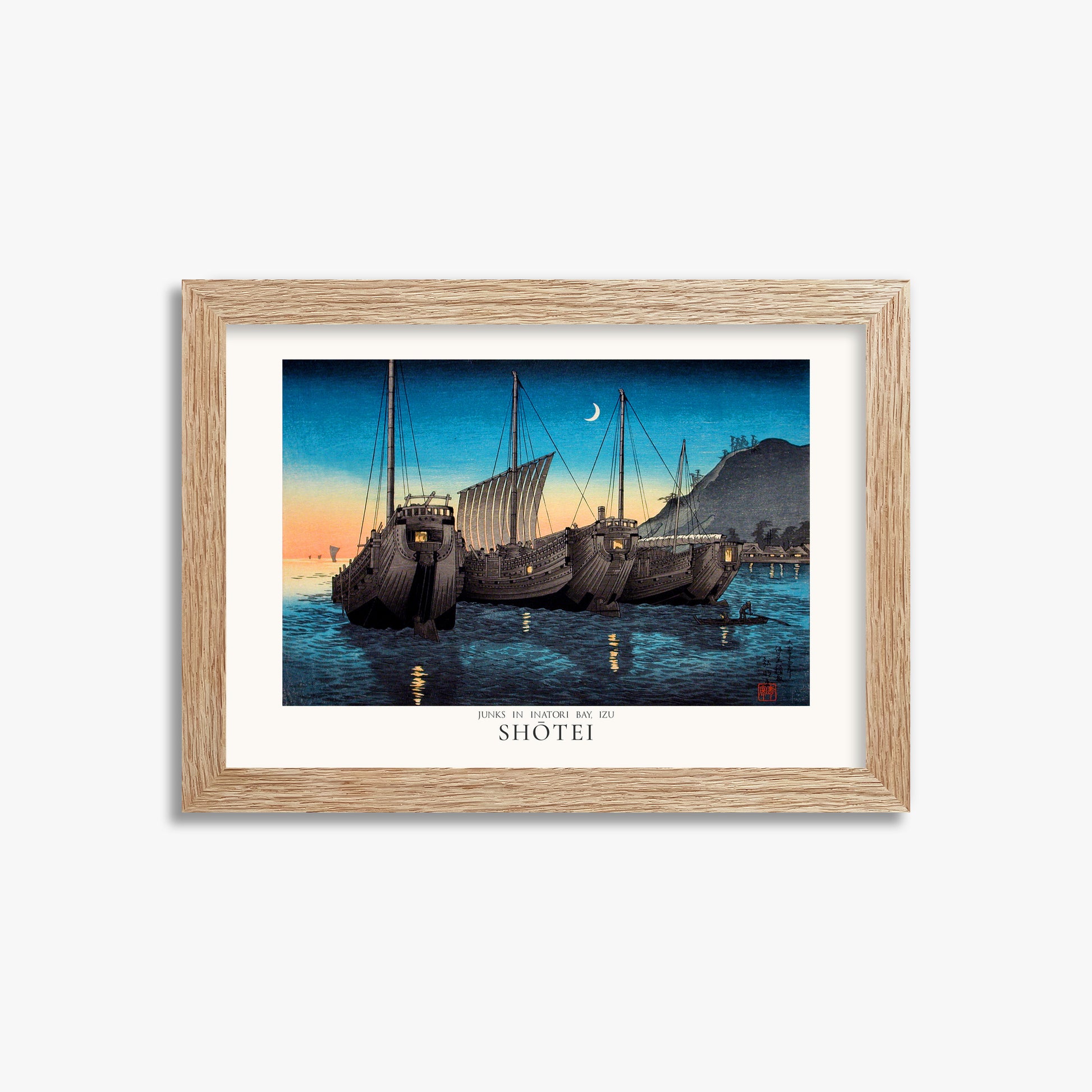Shōtei: Junks in Inatori Bay, Izu - Japandi, 21x30cm Framed Art Reproduction With Raw Oak Frame