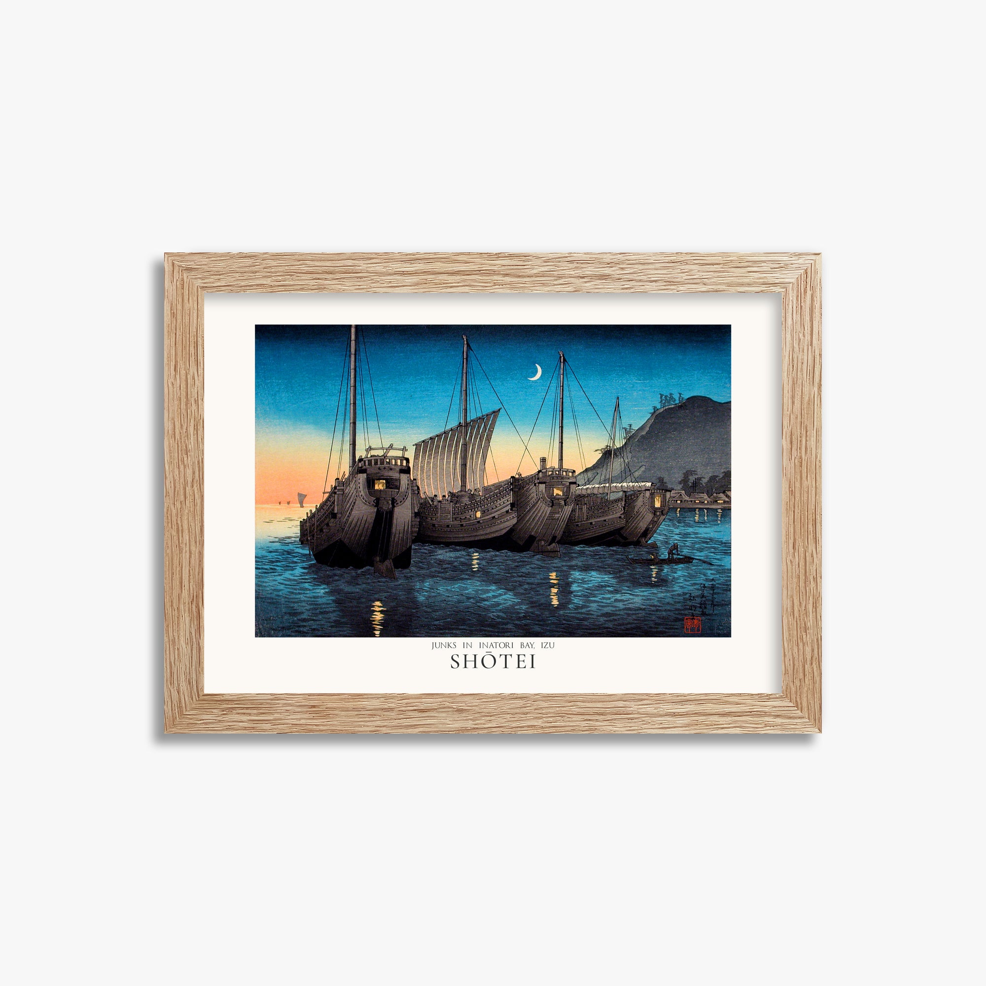 Shōtei: Junks in Inatori Bay, Izu - Japandi, 21x30cm Framed Art Reproduction With Raw Oak Frame