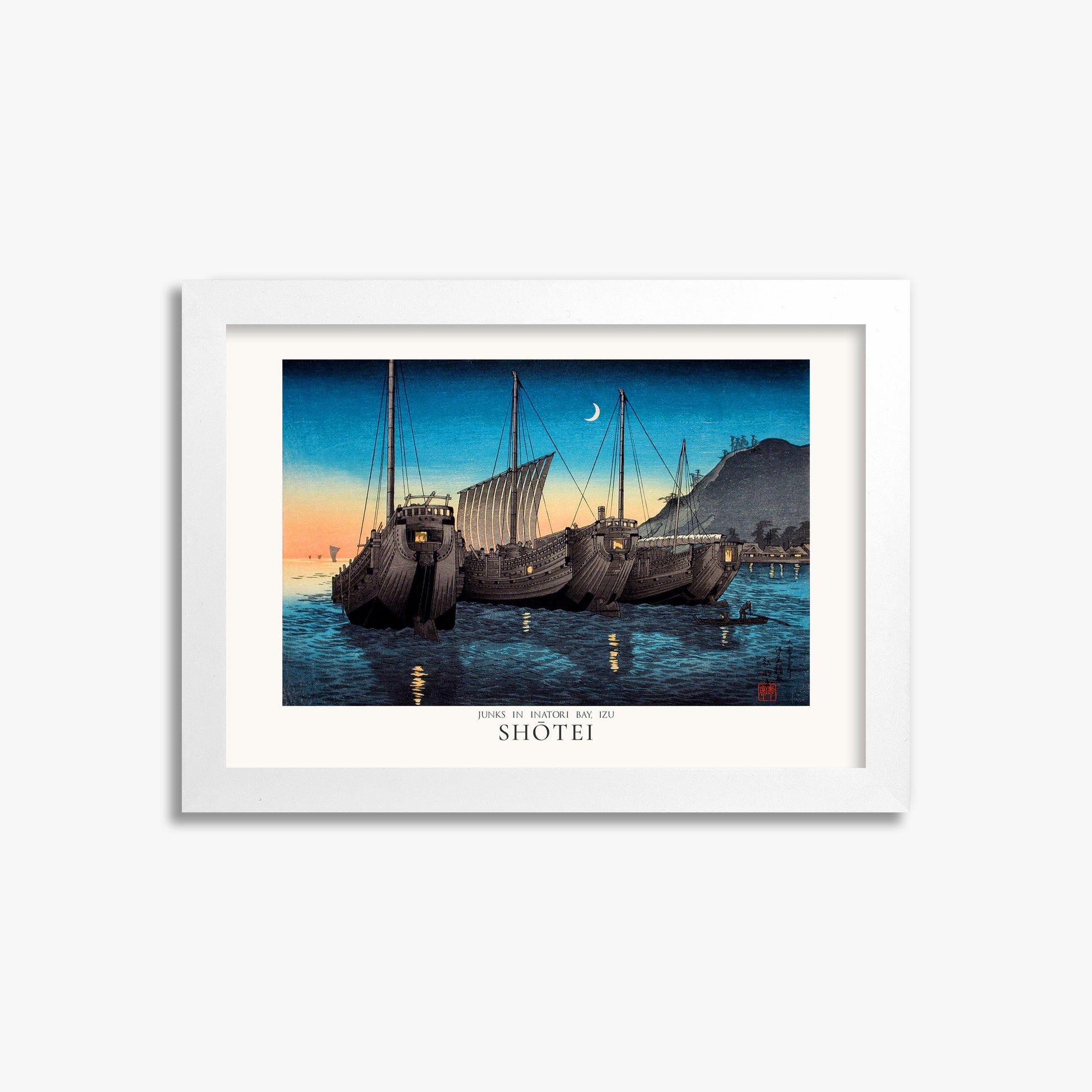 Shōtei: Junks in Inatori Bay, Izu - Japandi, 21x30cm Framed Art Reproduction With White Frame