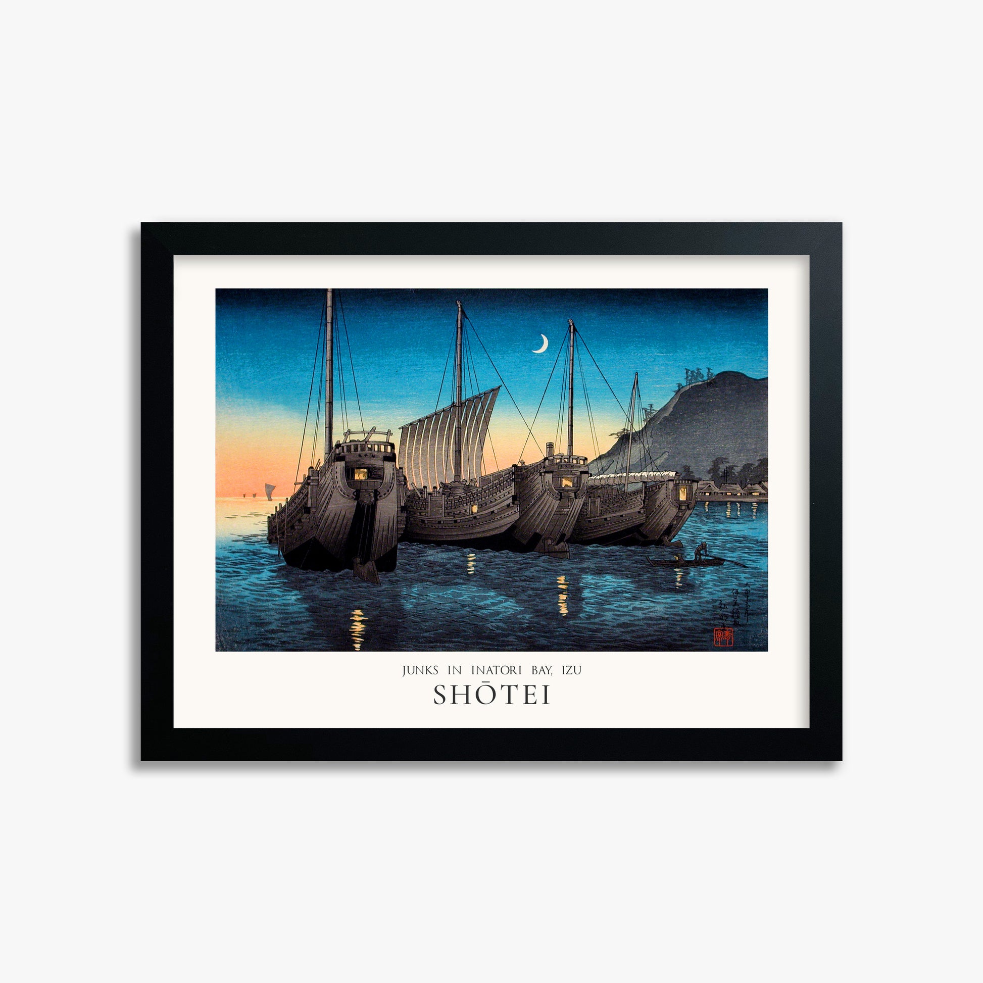 Shōtei: Junks in Inatori Bay, Izu - Japandi, 30x40cm Framed Art Reproduction With Black Frame