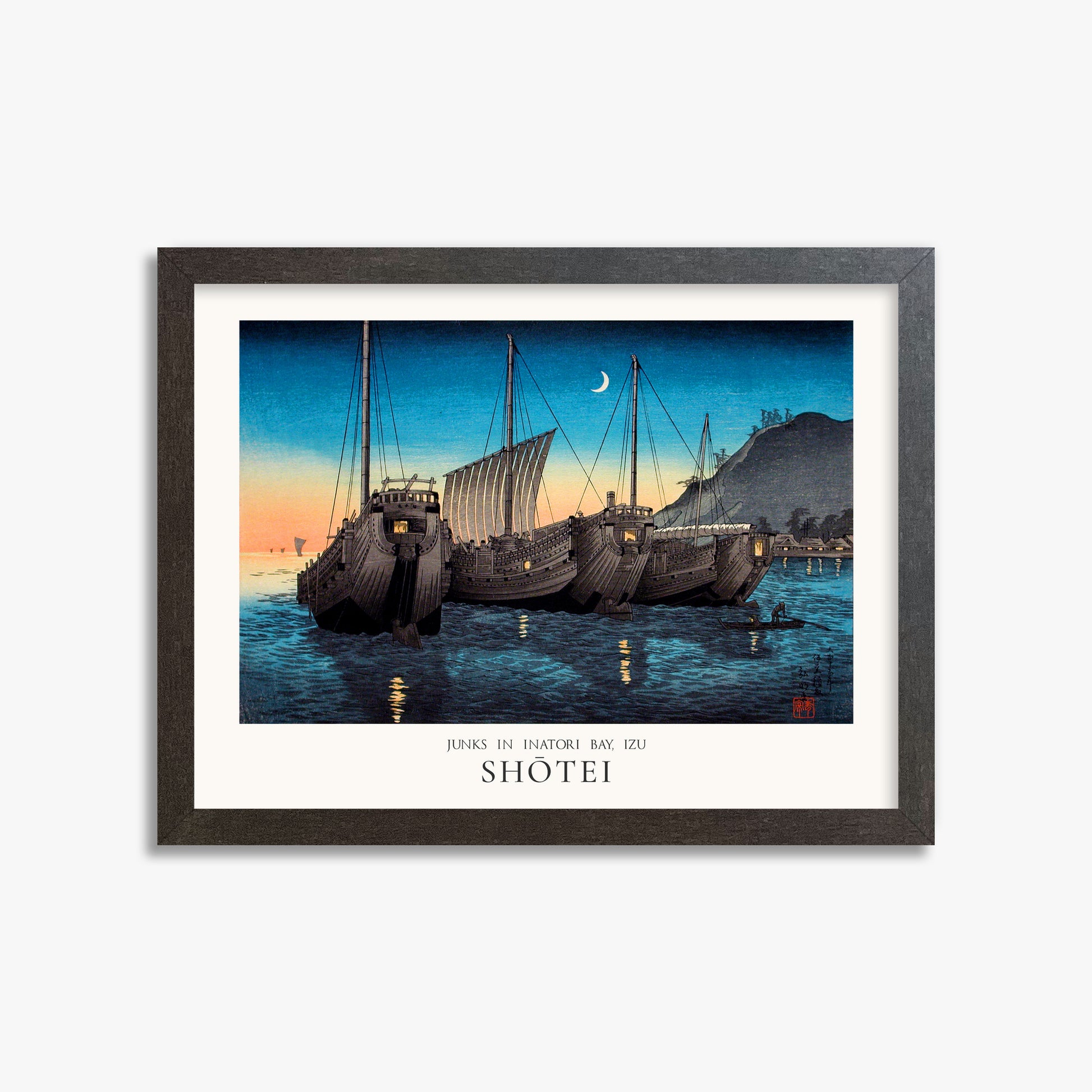 Shōtei: Junks in Inatori Bay, Izu - Japandi, 30x40cm Framed Art Reproduction With Espresso Frame