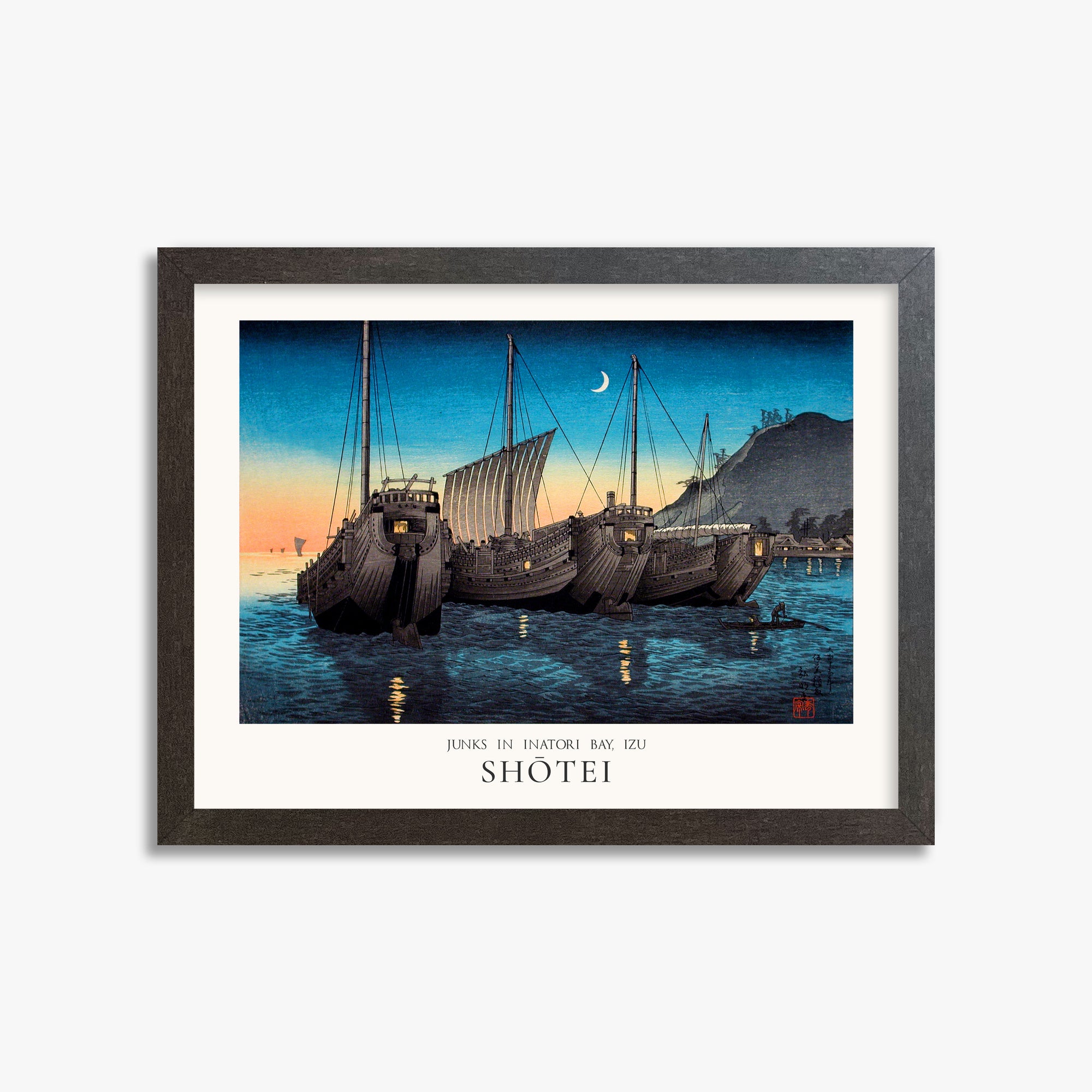 Shōtei: Junks in Inatori Bay, Izu - Japandi, 30x40cm Framed Art Reproduction With Espresso Frame