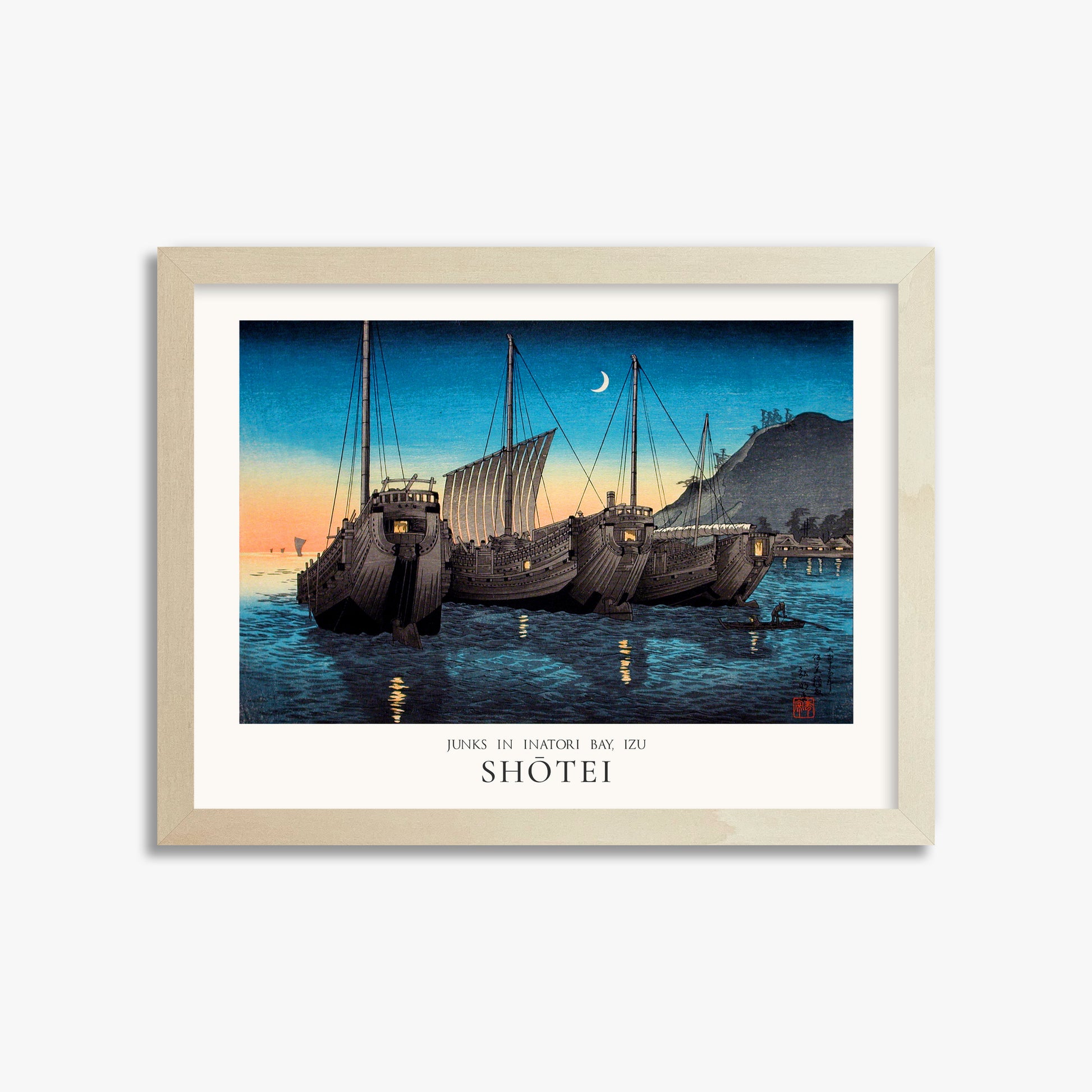 Shōtei: Junks in Inatori Bay, Izu - Japandi, 30x40cm Framed Art Reproduction With Lime Wood Frame