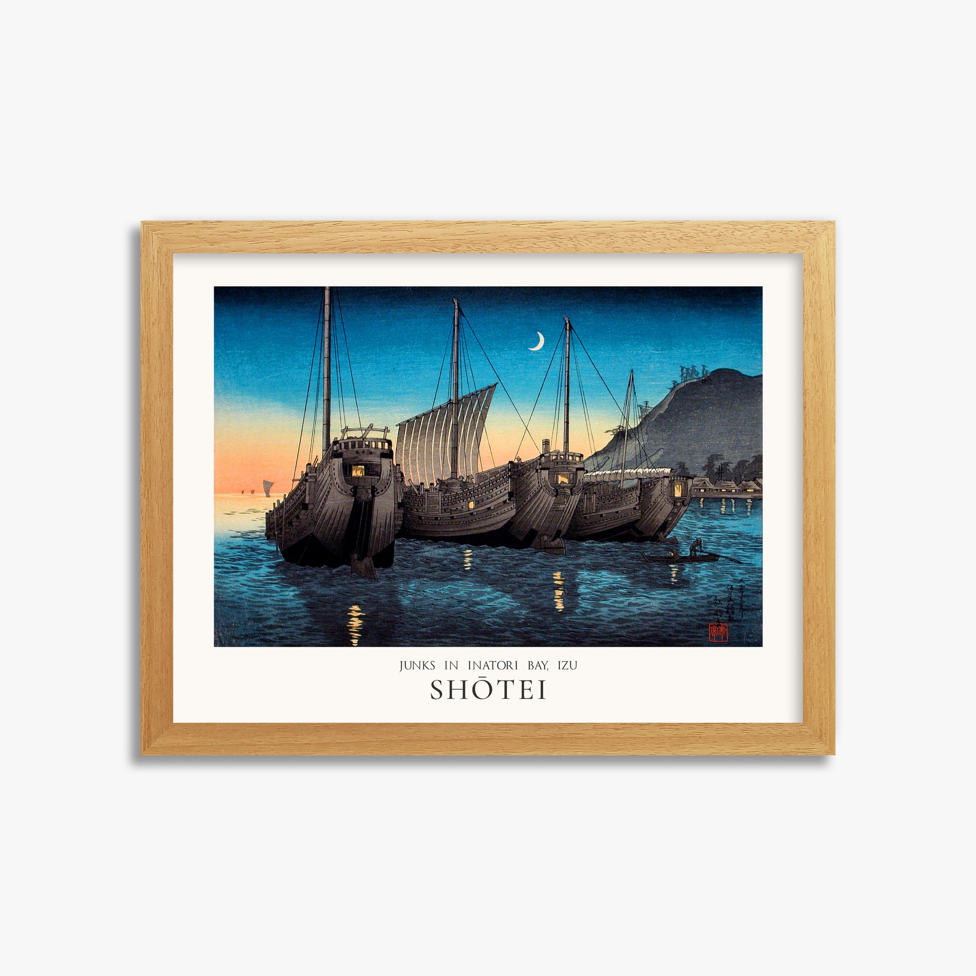 Shōtei: Junks in Inatori Bay, Izu - Japandi, 30x40cm Framed Art Reproduction With Oak Frame