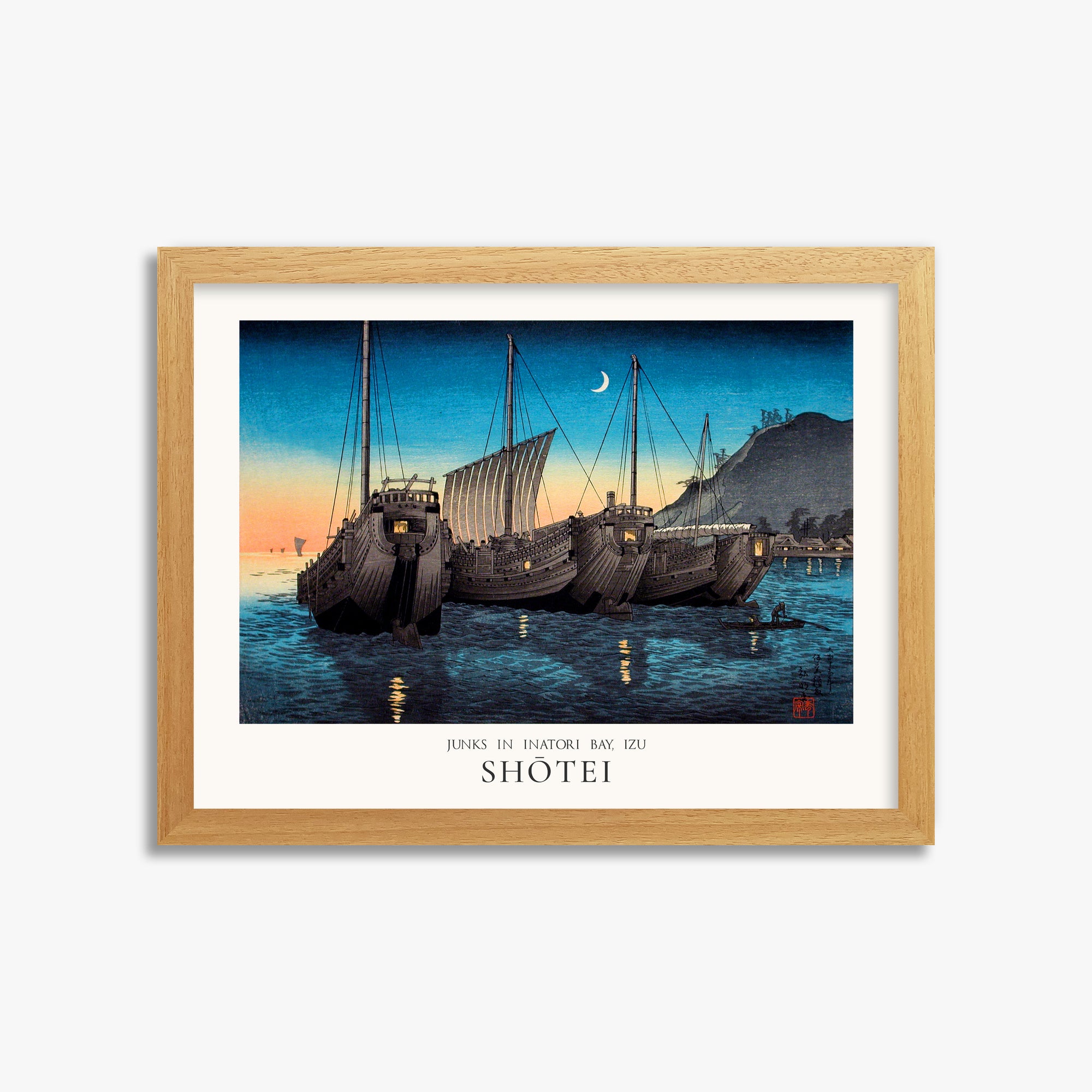 Shōtei: Junks in Inatori Bay, Izu - Japandi, 30x40cm Framed Art Reproduction With Oak Frame