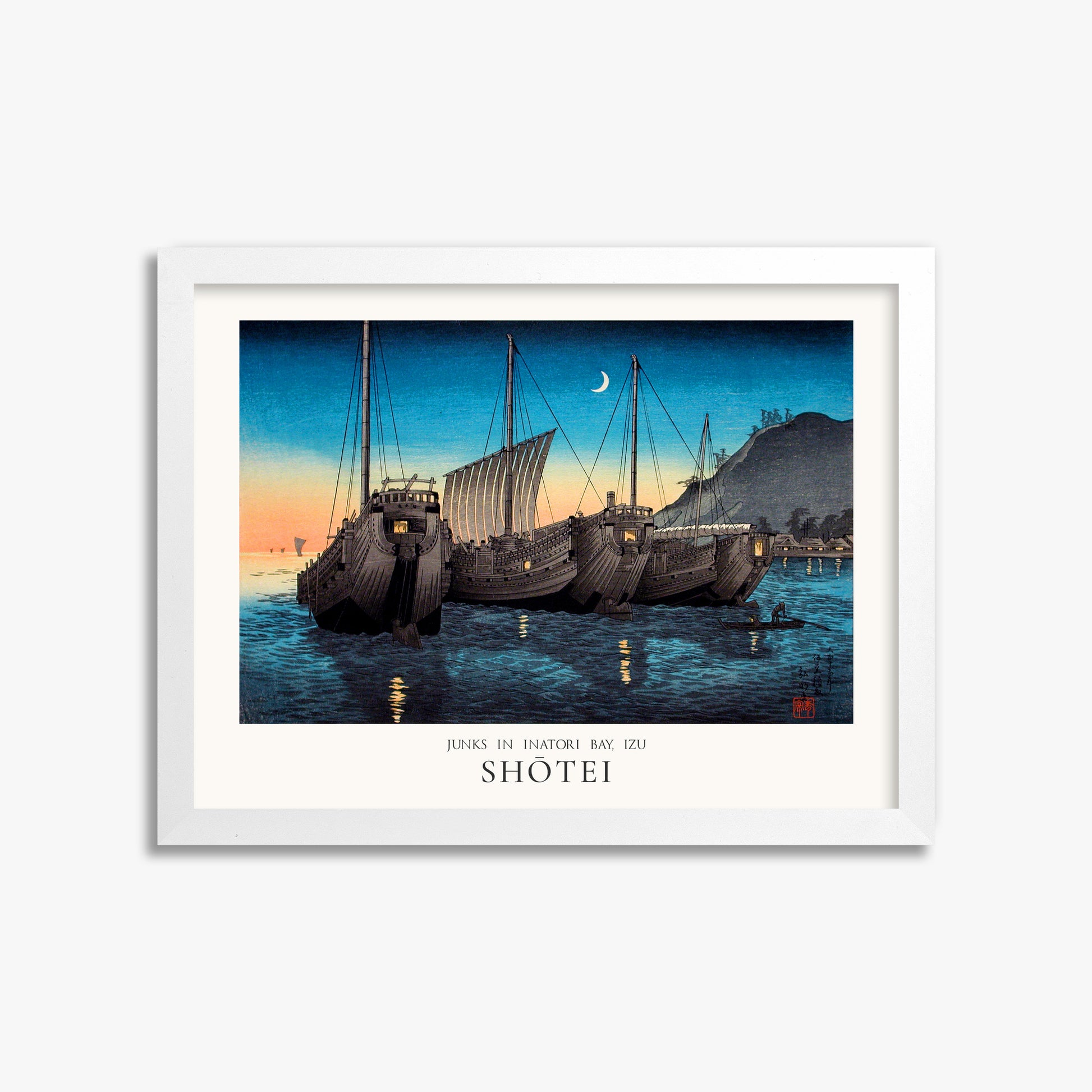 Shōtei: Junks in Inatori Bay, Izu - Japandi, 30x40cm Framed Art Reproduction With White Frame