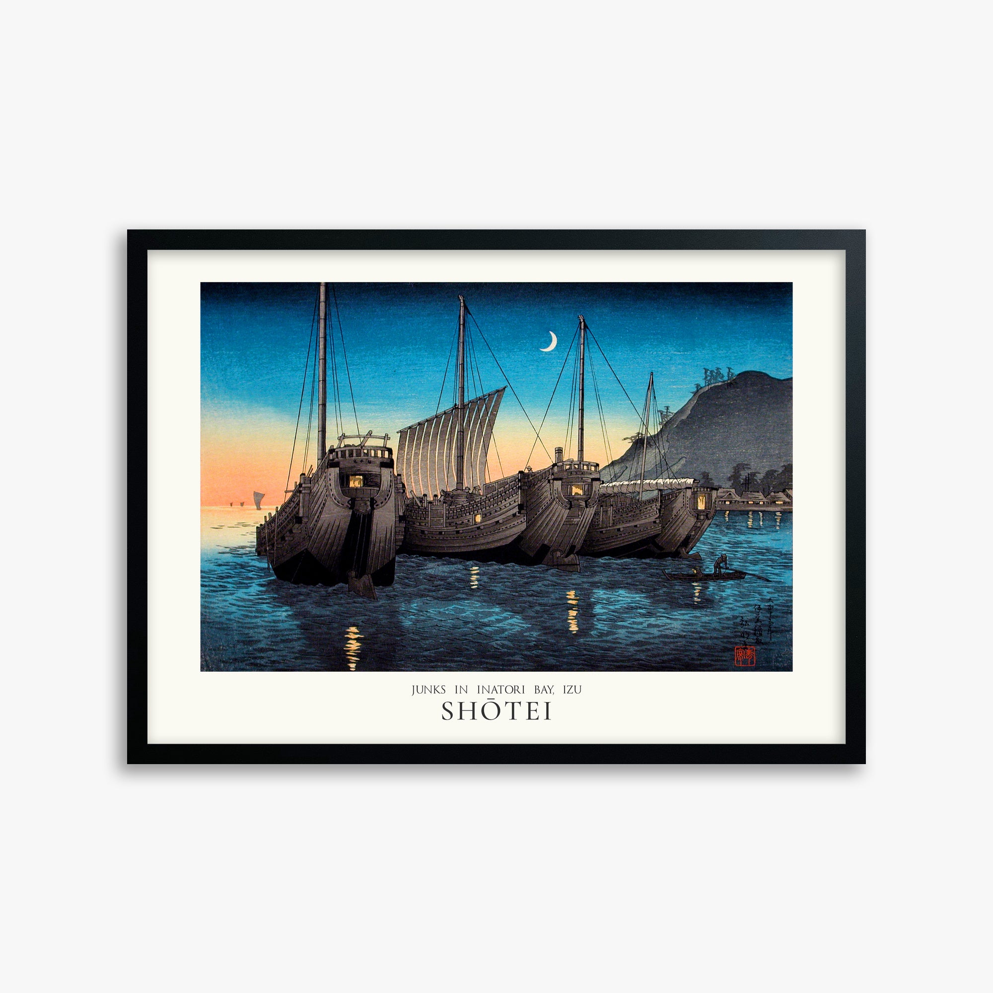 Shōtei: Junks in Inatori Bay, Izu - Japandi, 50x70cm Framed Art Reproduction With Black Frame