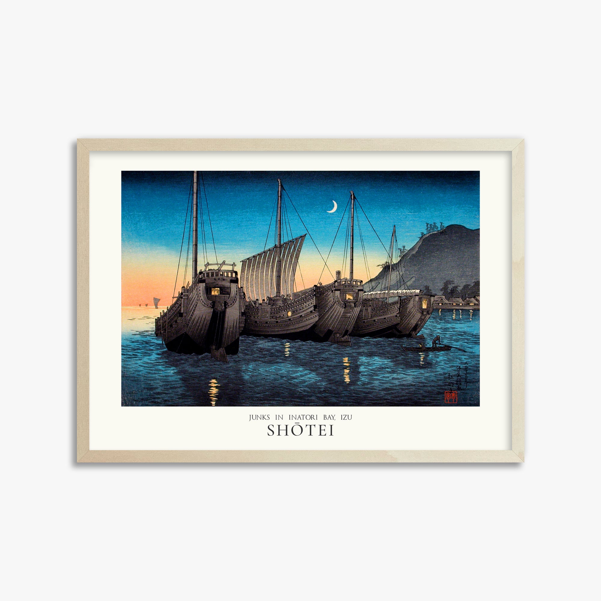 Shōtei: Junks in Inatori Bay, Izu - Japandi, 50x70cm Framed Art Reproduction With Lime Wood Frame