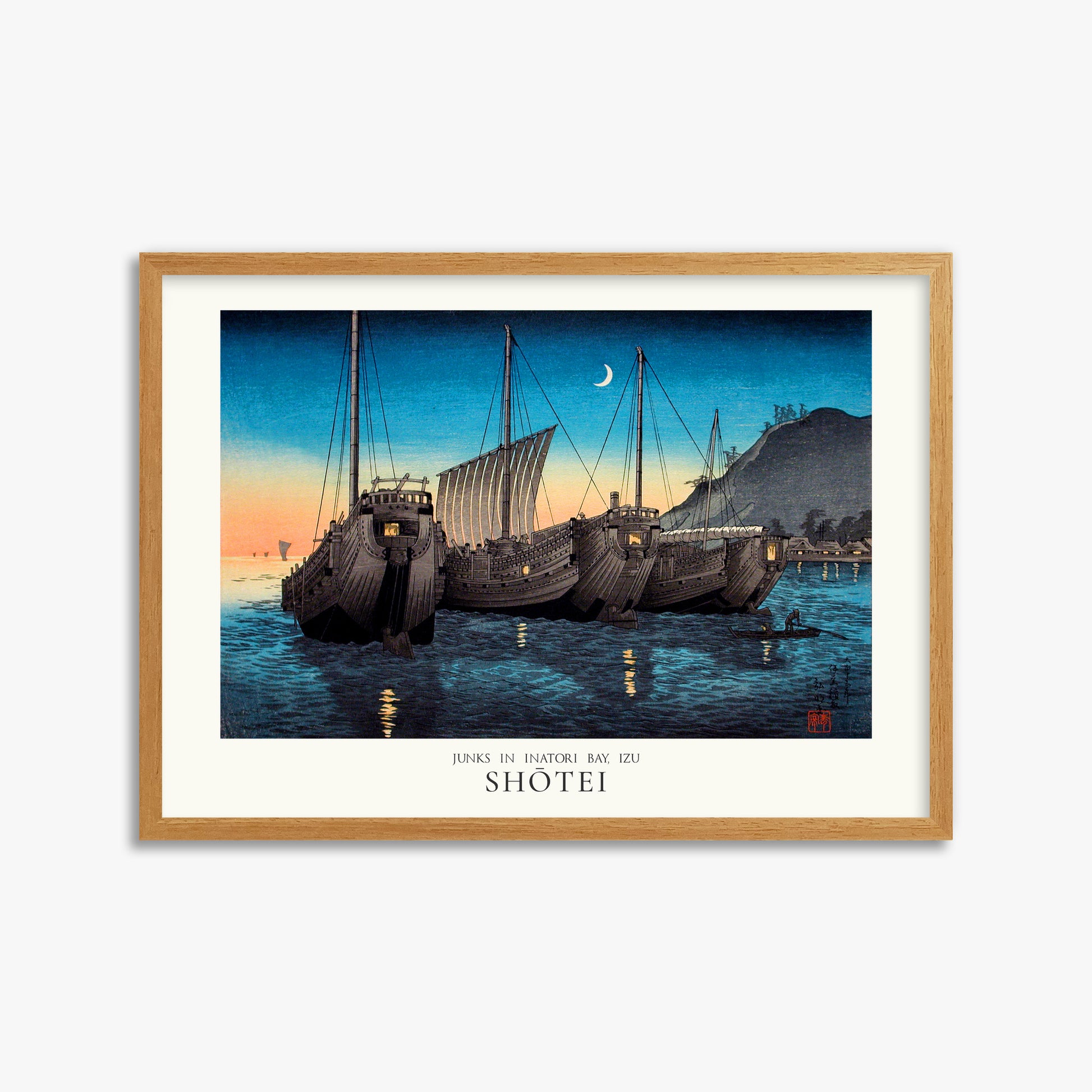 Shōtei: Junks in Inatori Bay, Izu - Japandi, 50x70cm Framed Art Reproduction With Oak Frame