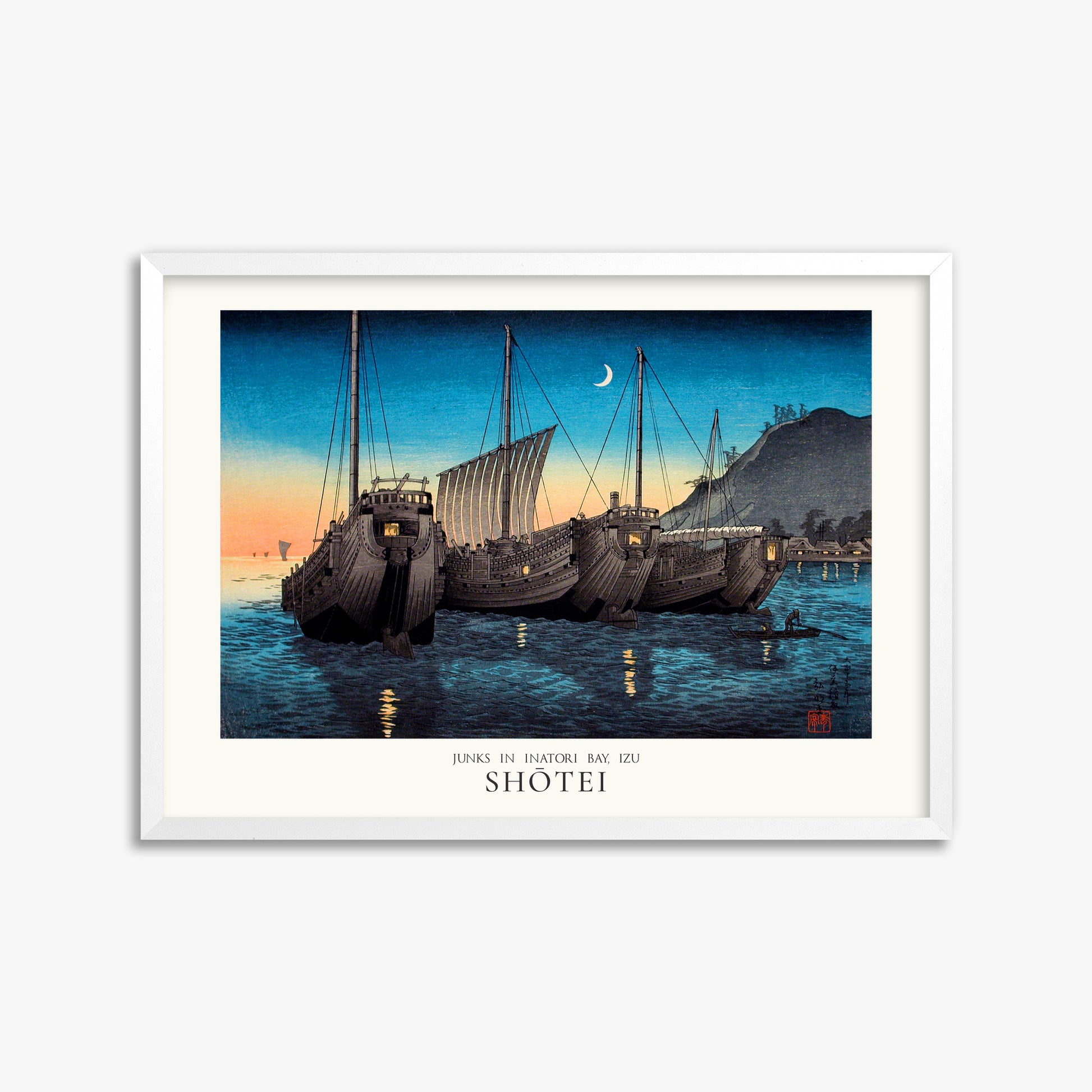 Shōtei: Junks in Inatori Bay, Izu - Japandi, 50x70cm Framed Art Reproduction With White Frame