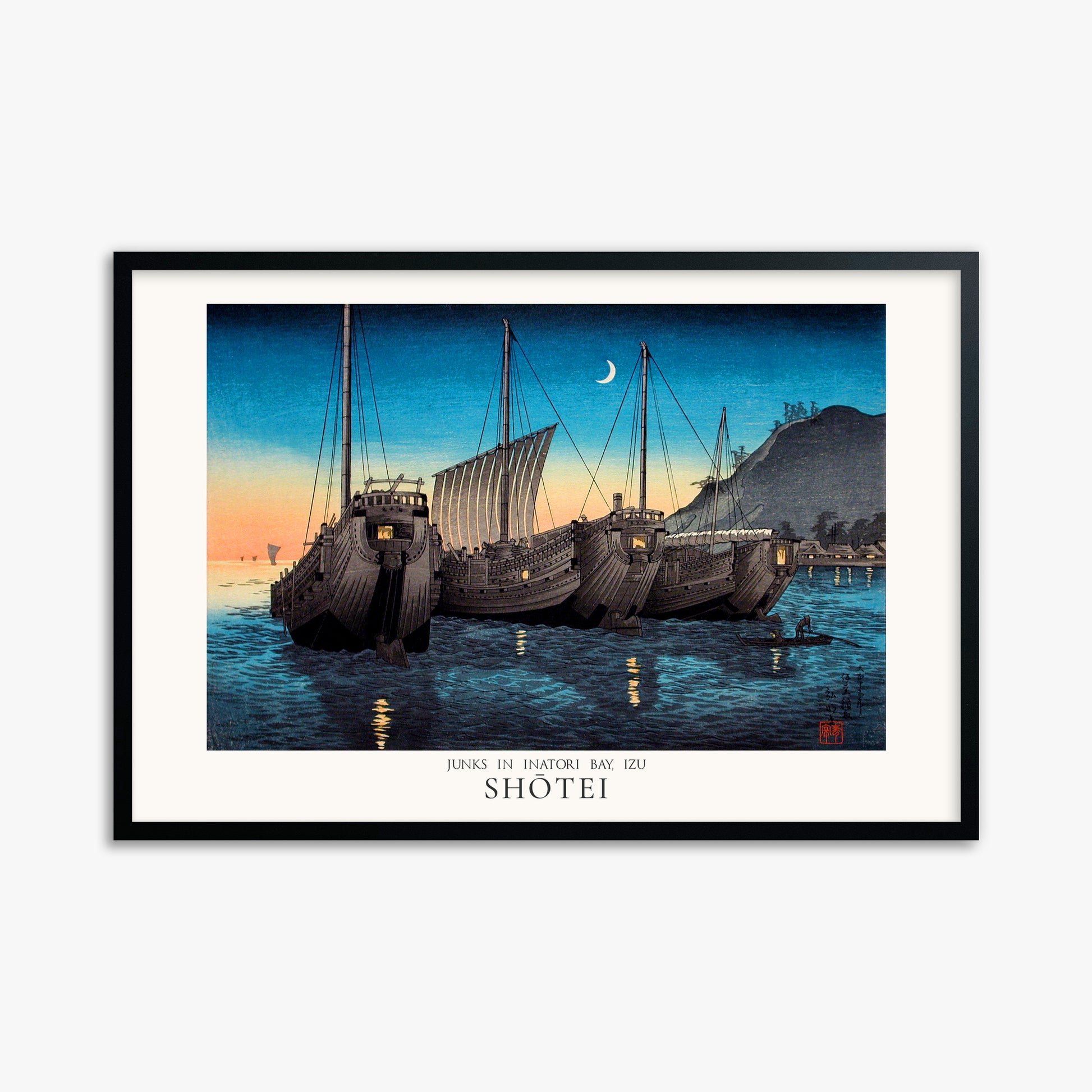 Shōtei: Junks in Inatori Bay, Izu - Japandi, 61x91cm Framed Art Reproduction With Black Frame