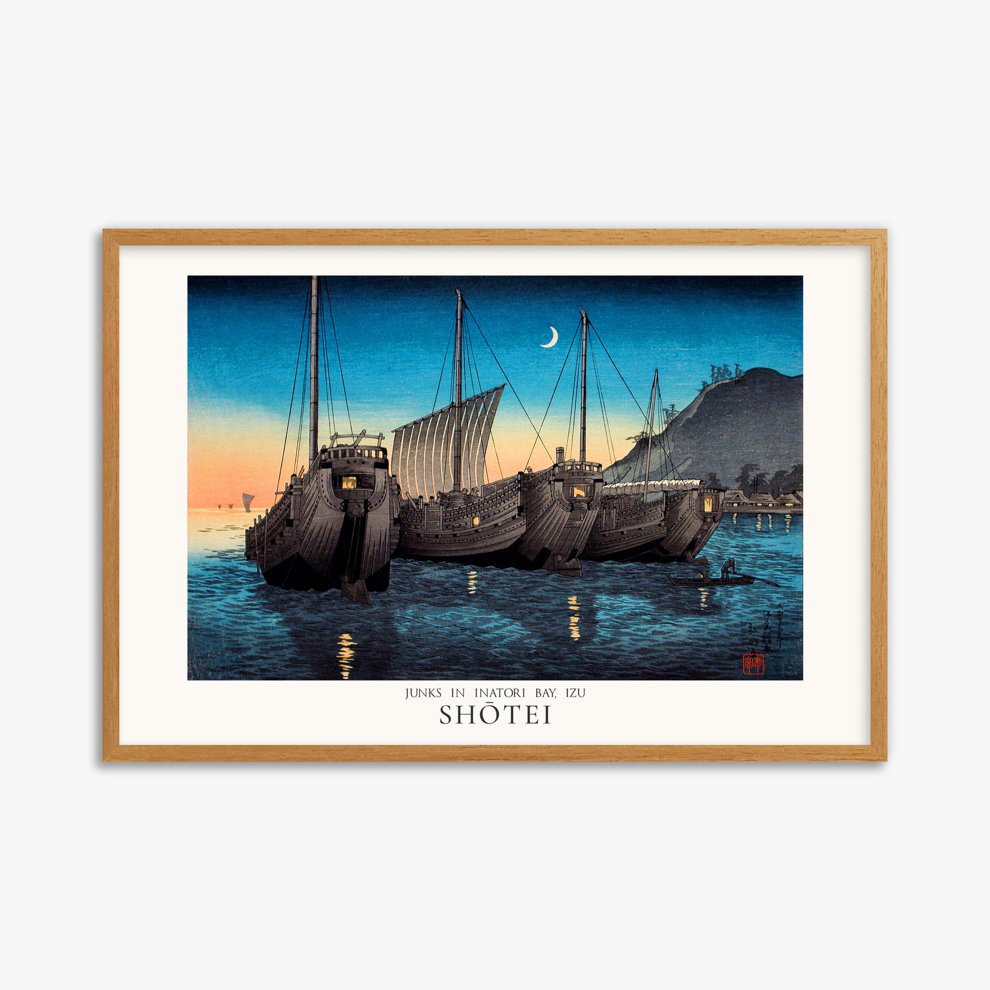 Shōtei: Junks in Inatori Bay, Izu - Japandi, 61x91cm Framed Art Reproduction With Oak Frame