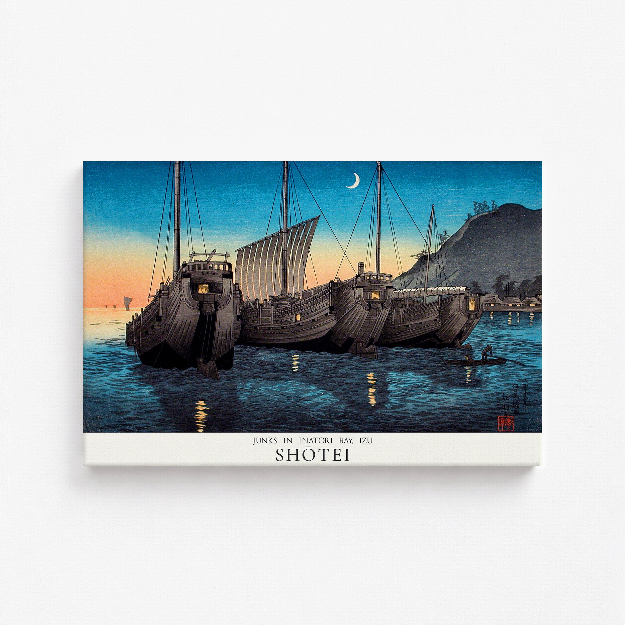 Shōtei: Junks in Inatori Bay, Izu - Japandi, 61x91cm Satin Canvas Art Reproduction