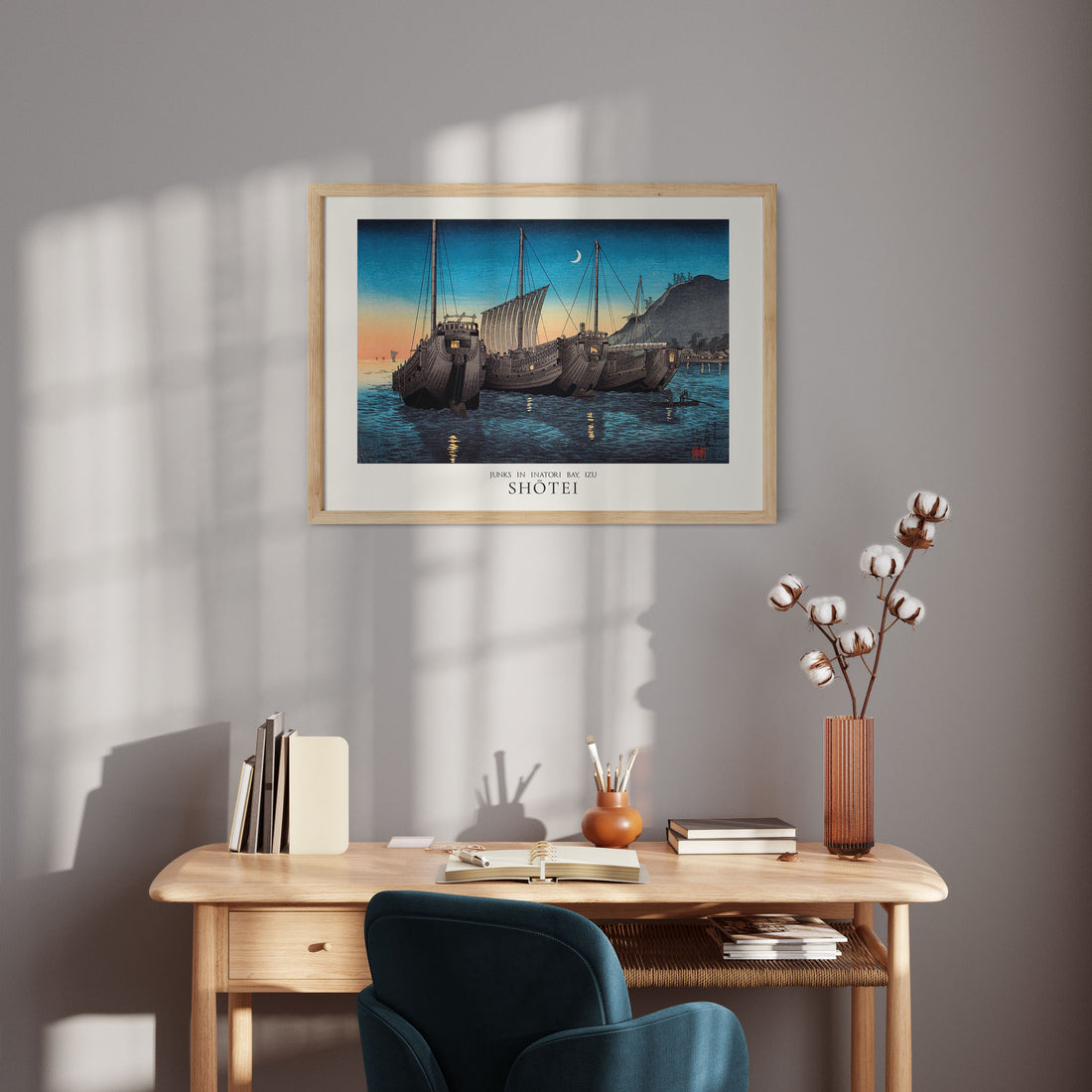 Shōtei: Junks in Inatori Bay, Izu - Japandi, 50x70cm Framed Art Reproduction With Black Frame