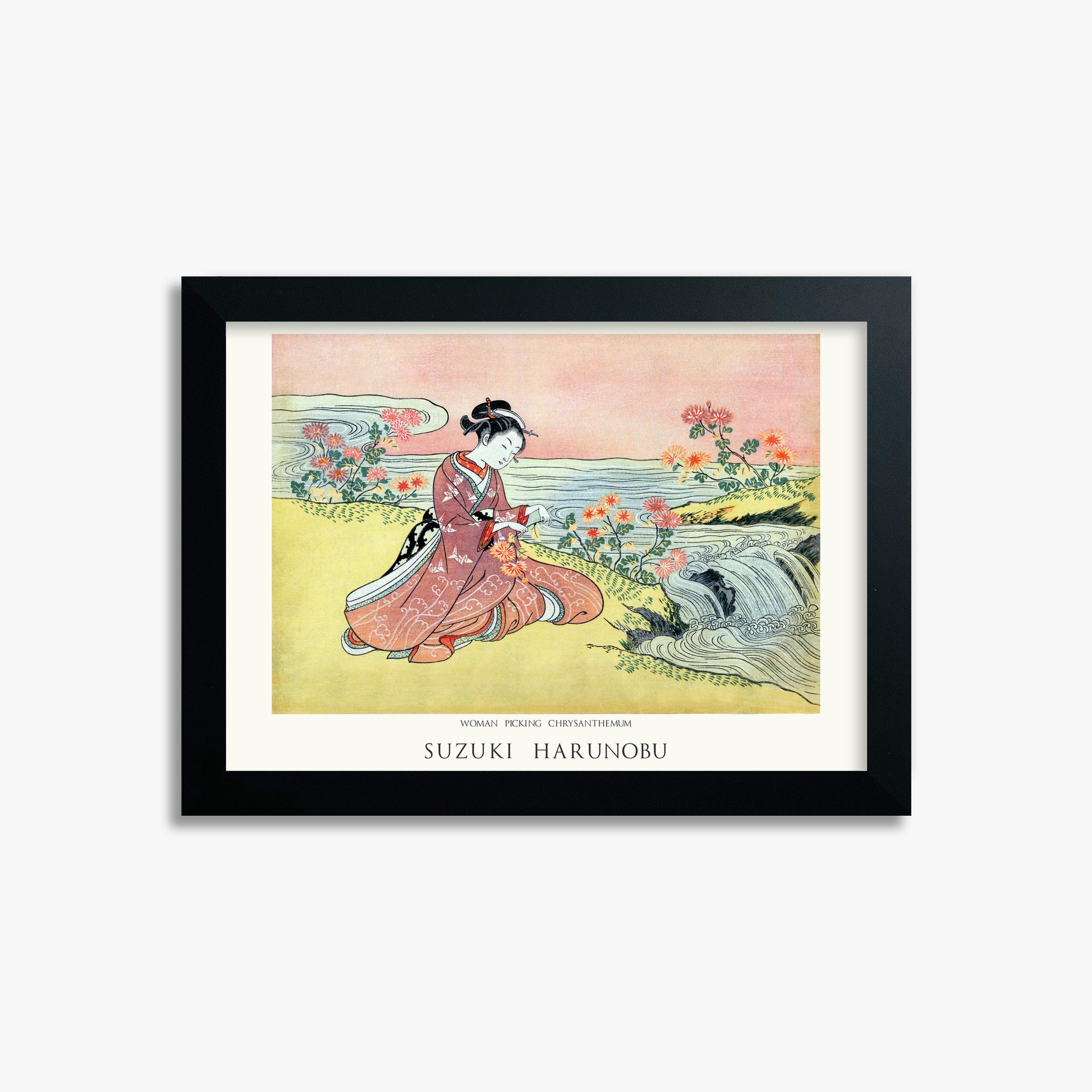Suzuki Harunobu: Woman Picking Chrysanthemum - Japandi, 21x30cm Framed Art Reproduction With Black Frame