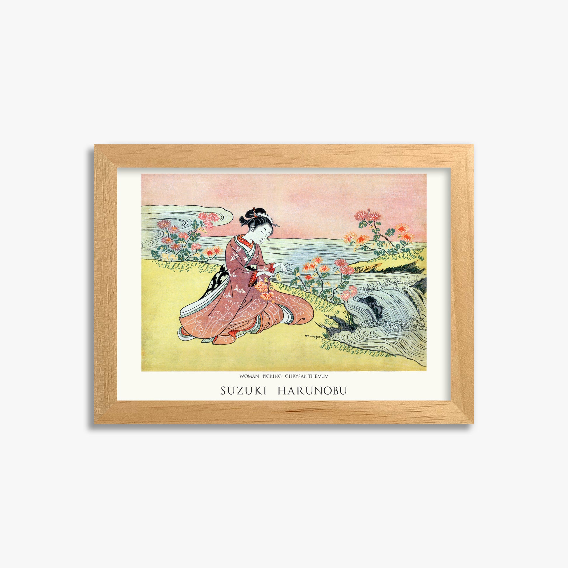 Suzuki Harunobu: Woman Picking Chrysanthemum - Japandi, 21x30cm Framed Art Reproduction With Oak Frame