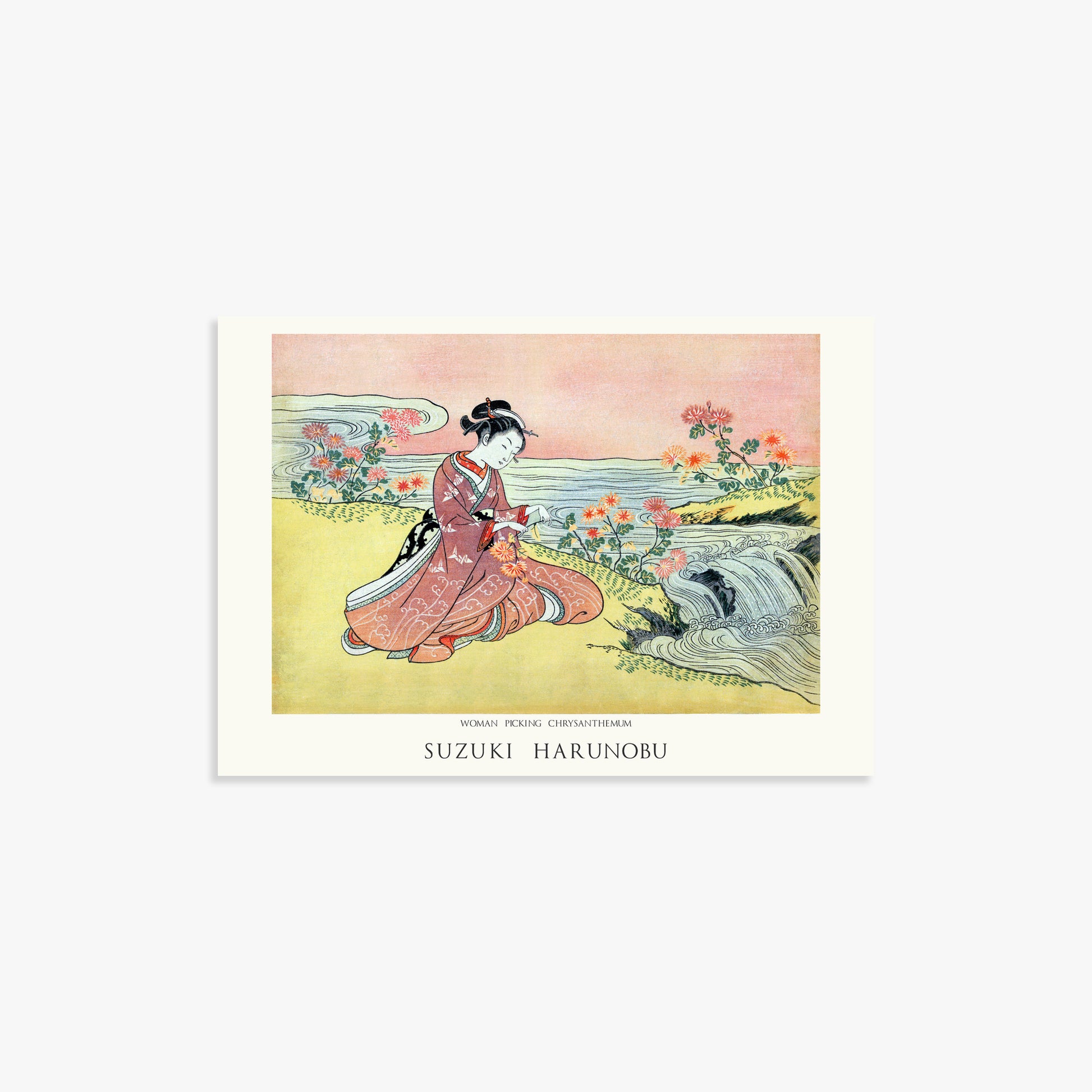 Suzuki Harunobu: Woman Picking Chrysanthemum - Japandi, 21x30cm Art Reproduction Unframed