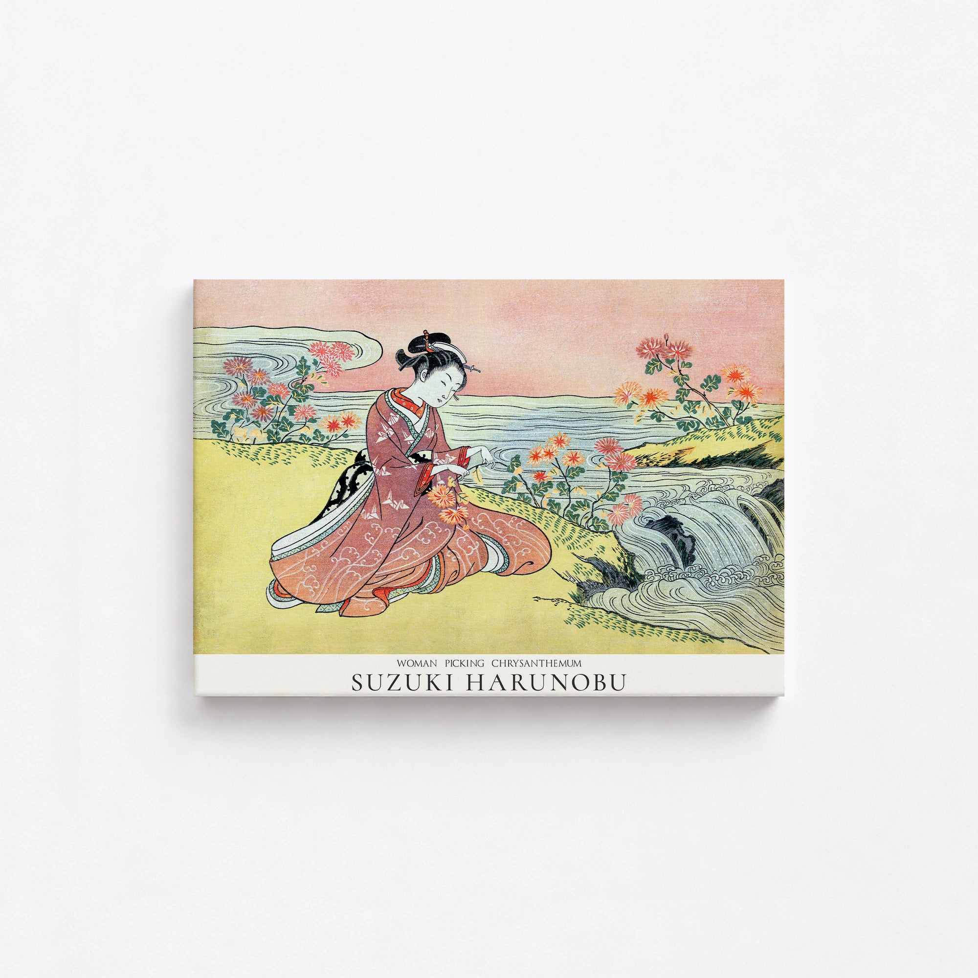 Suzuki Harunobu: Woman Picking Chrysanthemum - Japandi, 21x30cm Satin Canvas Art Reproduction