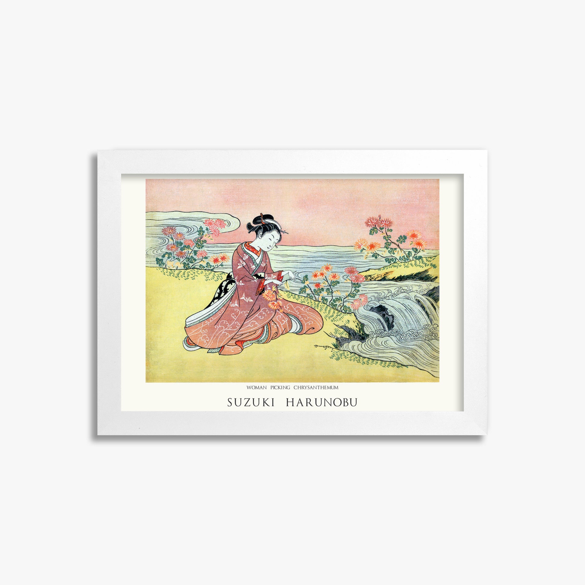 Suzuki Harunobu: Woman Picking Chrysanthemum - Japandi, 21x30cm Framed Art Reproduction With White Frame
