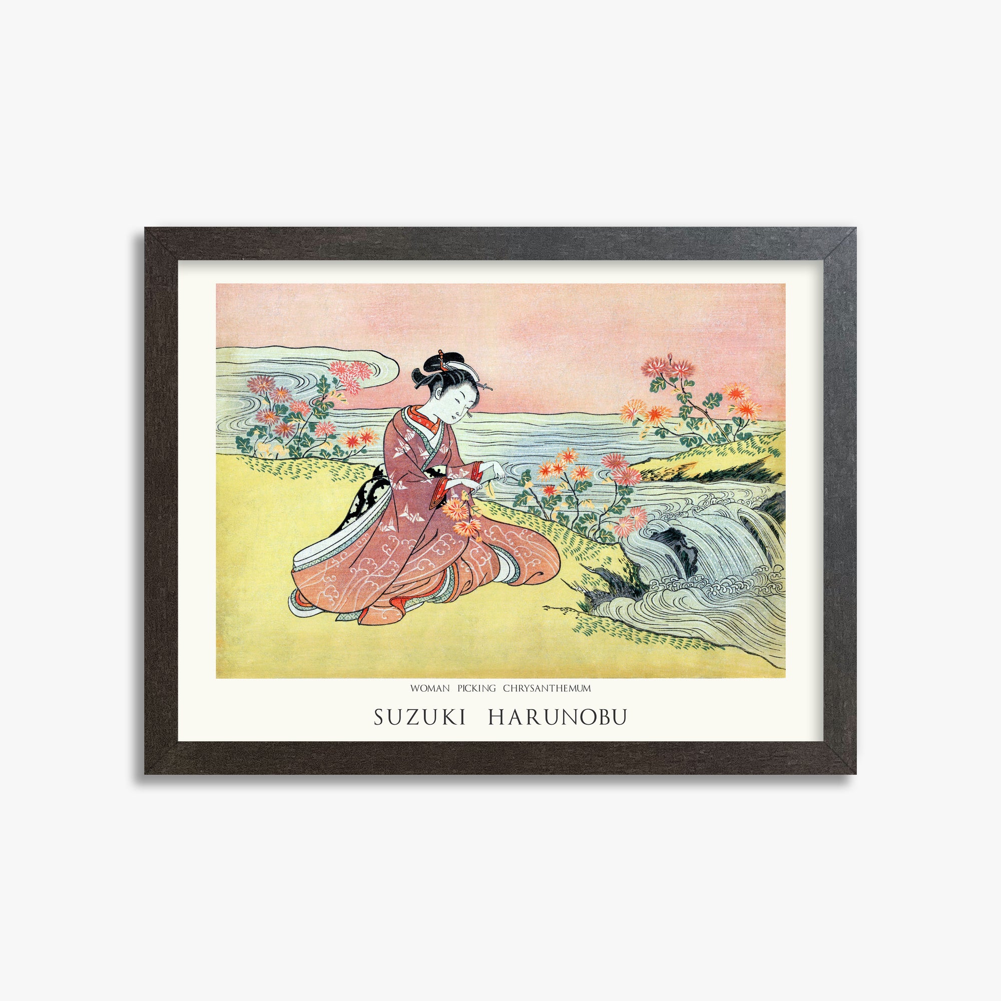 Suzuki Harunobu: Woman Picking Chrysanthemum - Japandi, 30x40cm Framed Art Reproduction With Espresso Frame