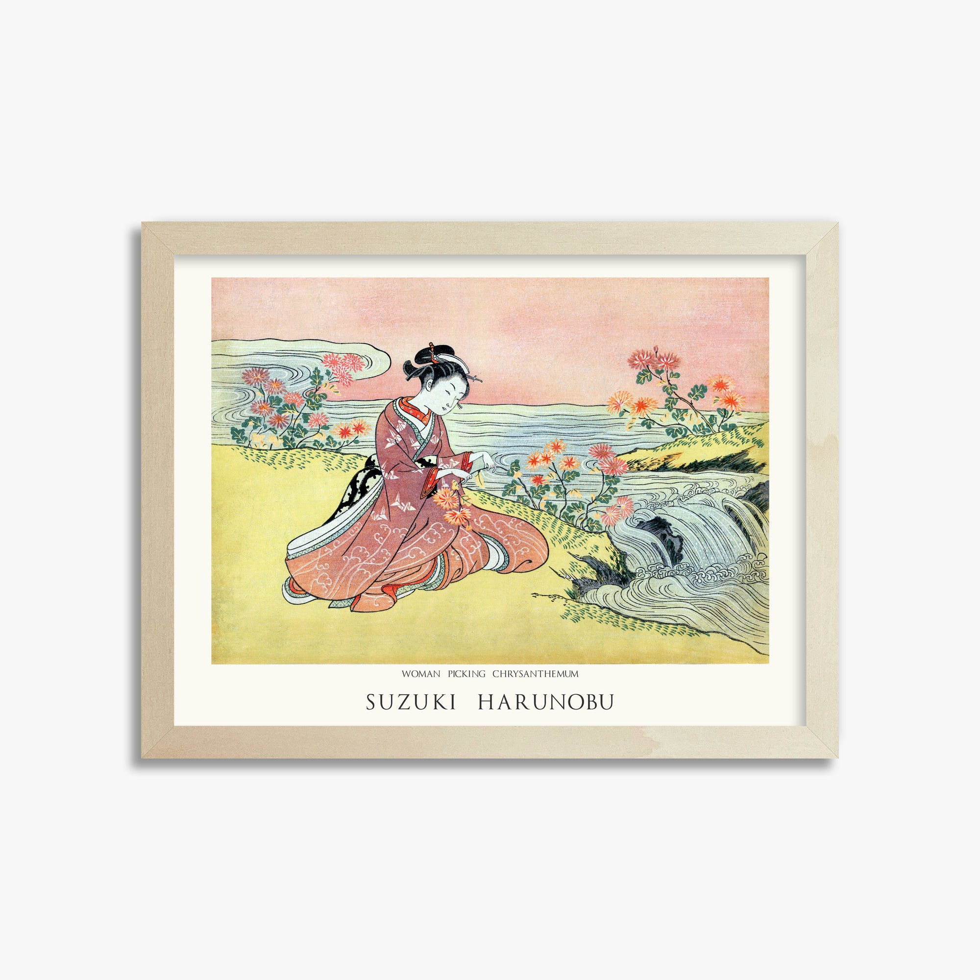 Suzuki Harunobu: Woman Picking Chrysanthemum - Japandi, 30x40cm Framed Art Reproduction With Lime Wood Frame
