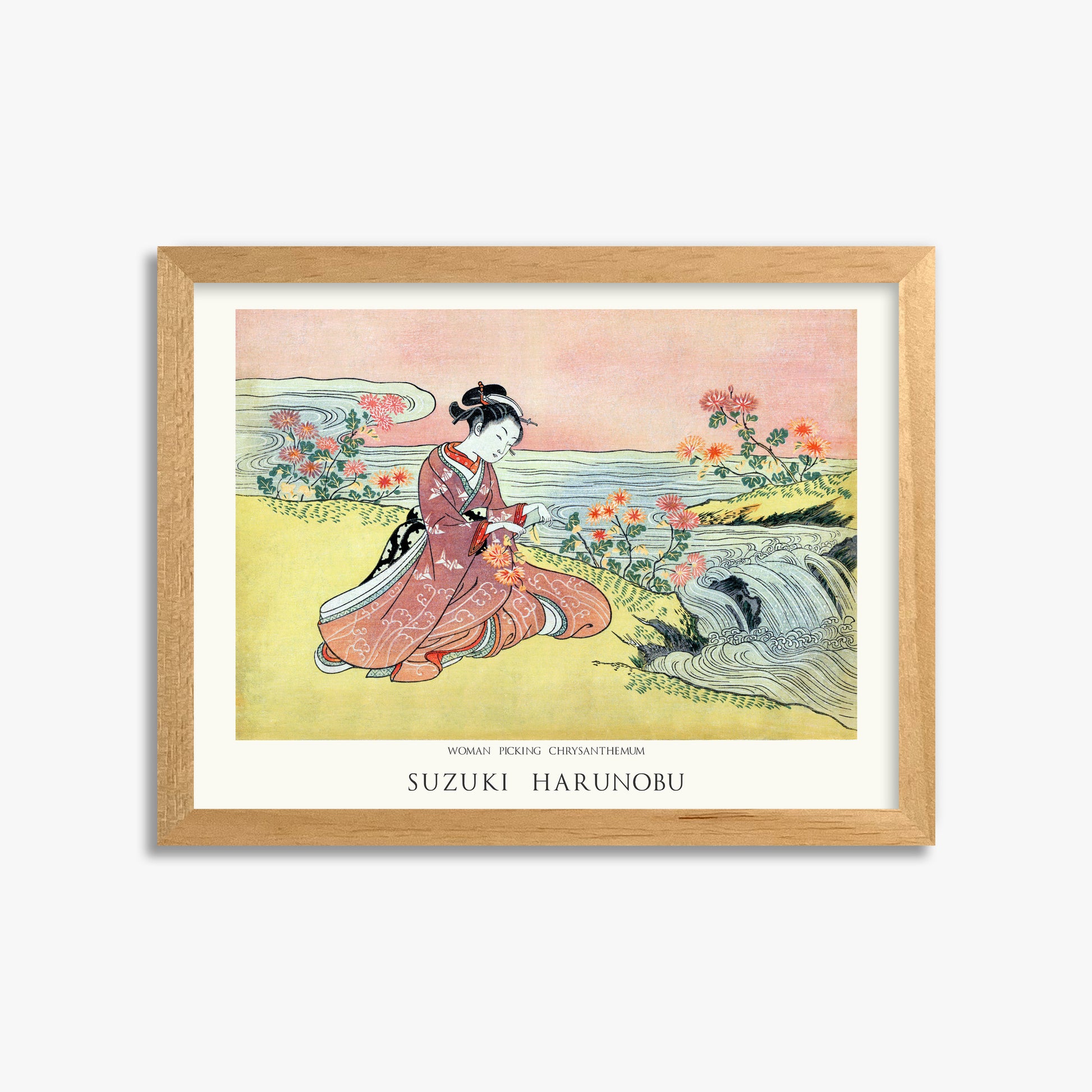 Suzuki Harunobu: Woman Picking Chrysanthemum - Japandi, 30x40cm Framed Art Reproduction With Oak Frame