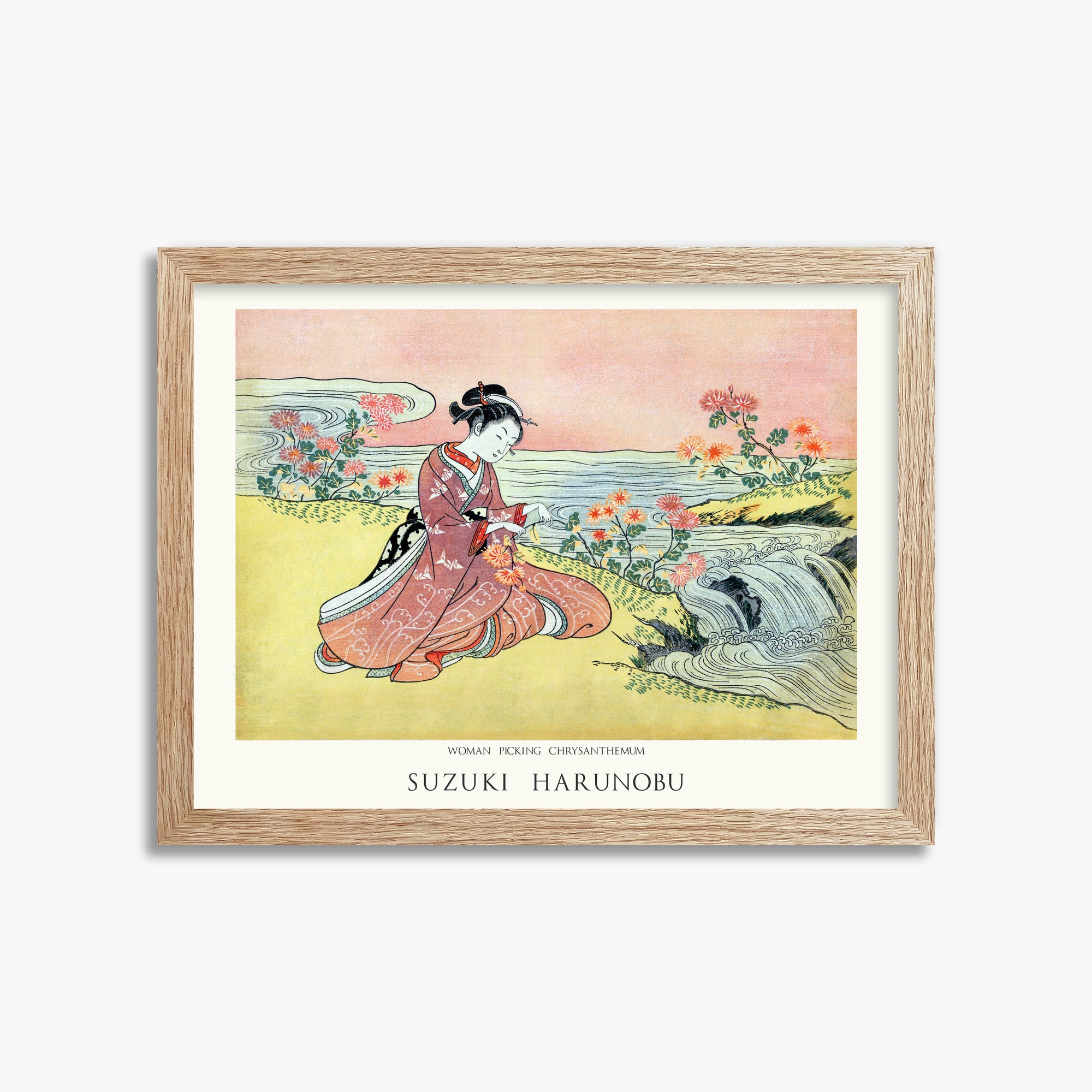 Suzuki Harunobu: Woman Picking Chrysanthemum - Japandi, 30x40cm Framed Art Reproduction With Raw Oak Frame
