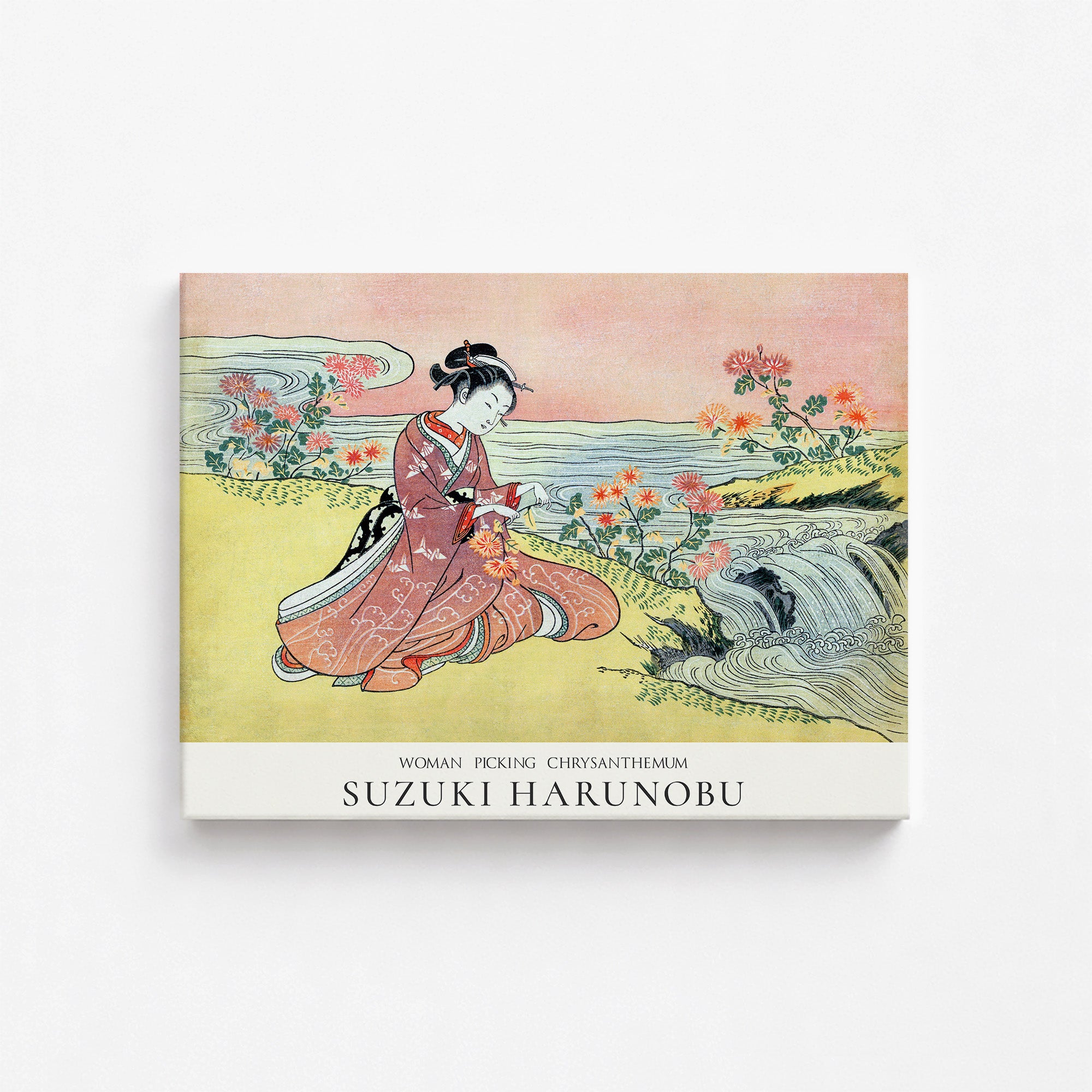 Suzuki Harunobu: Woman Picking Chrysanthemum - Japandi, 30x40cm Satin Canvas Art Reproduction