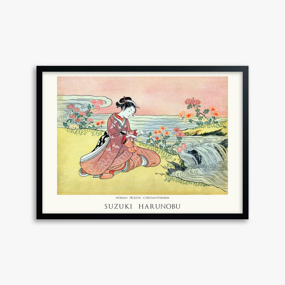 Suzuki Harunobu: Woman Picking Chrysanthemum - Japandi, 50x70cm Framed Art Reproduction With Black Frame