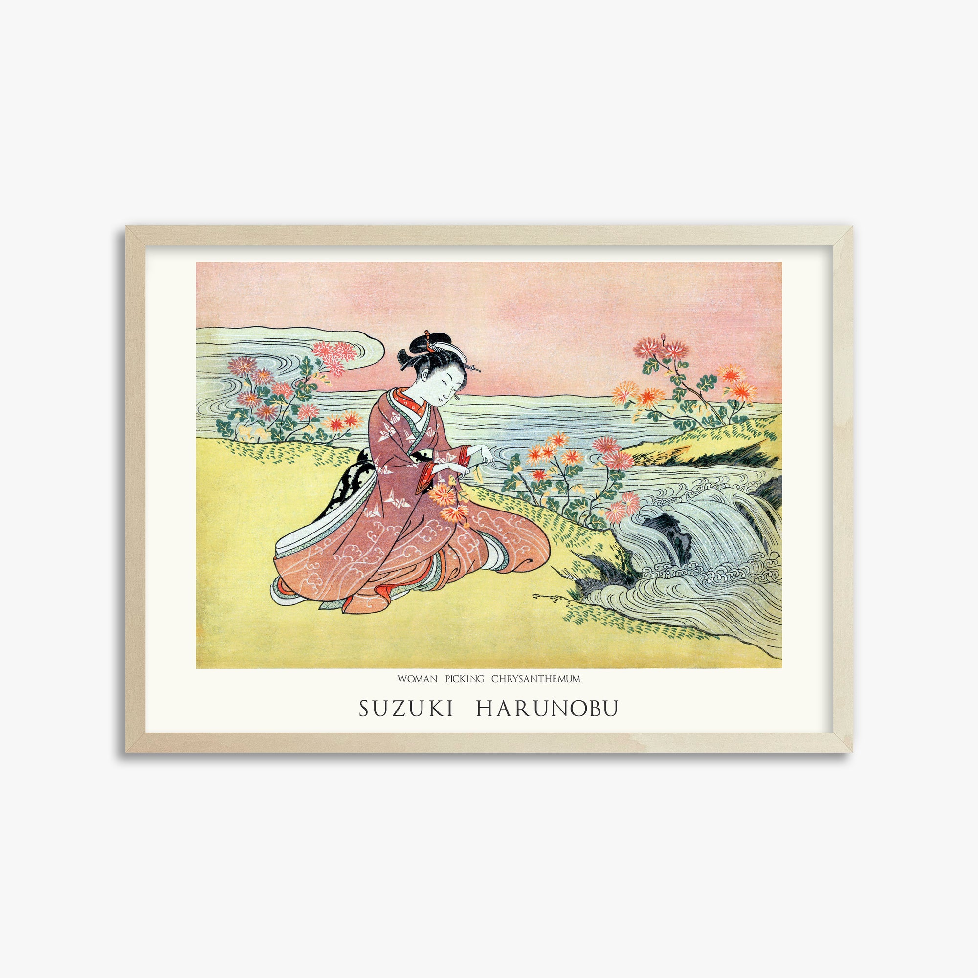 Suzuki Harunobu: Woman Picking Chrysanthemum - Japandi, 50x70cm Framed Art Reproduction With Lime Wood Frame