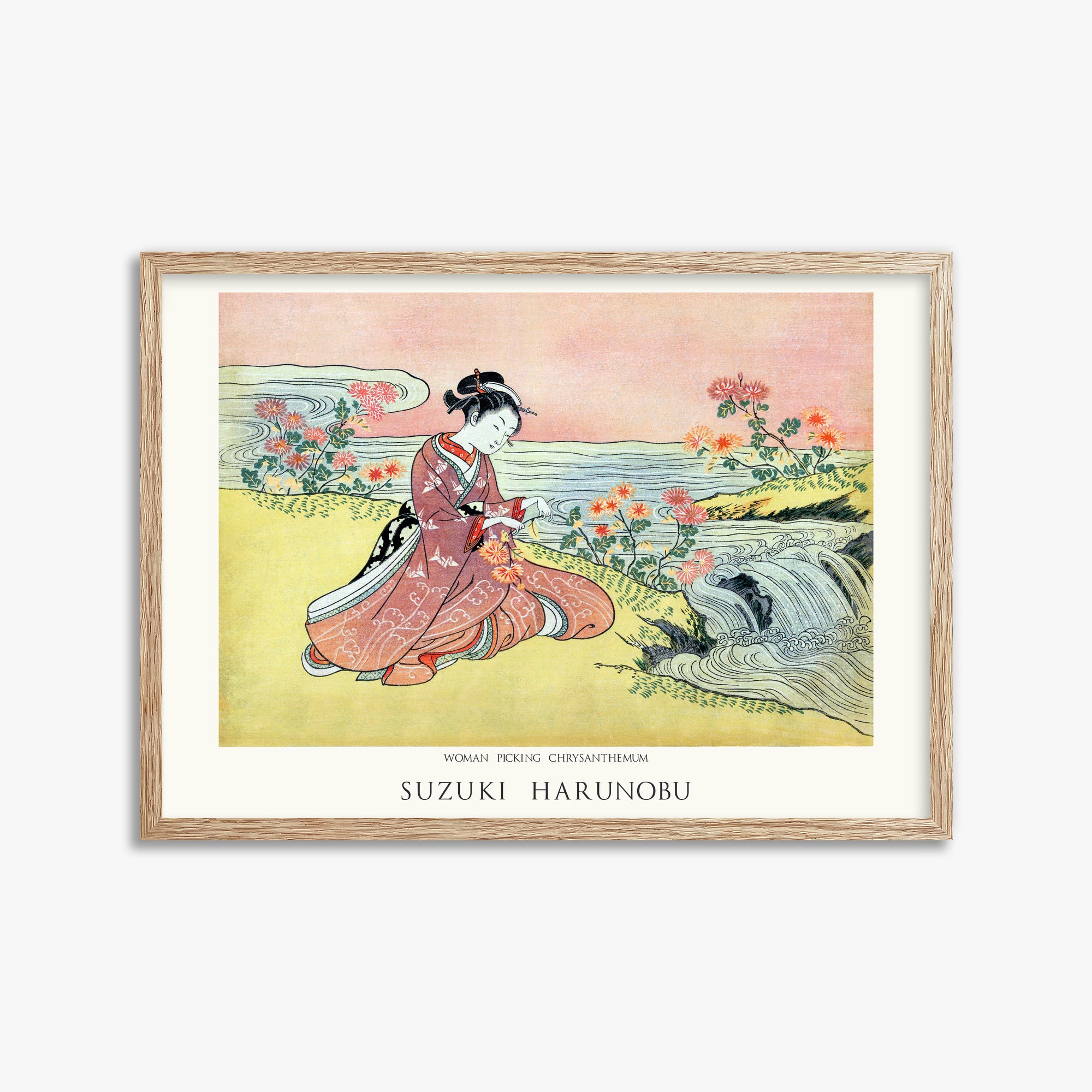 Suzuki Harunobu: Woman Picking Chrysanthemum - Japandi, 50x70cm Framed Art Reproduction With Raw Oak Frame
