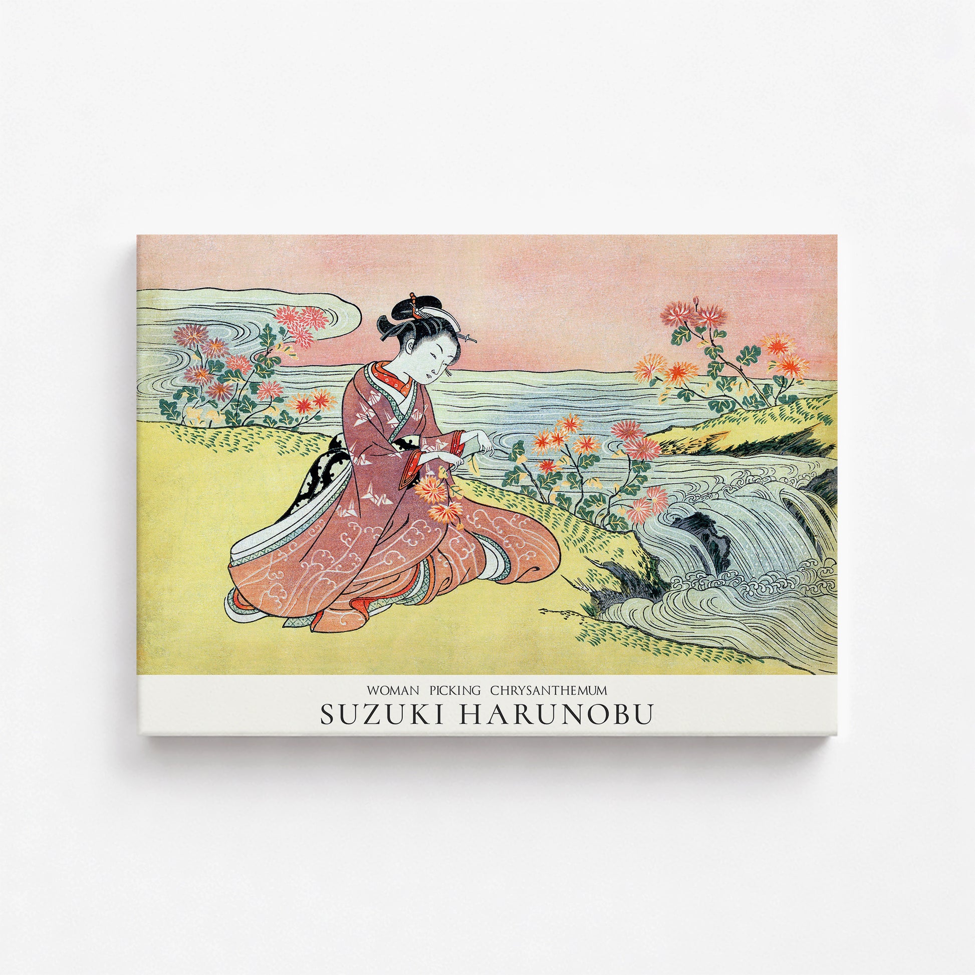 Suzuki Harunobu: Woman Picking Chrysanthemum - Japandi, 50x70cm Satin Canvas Art Reproduction