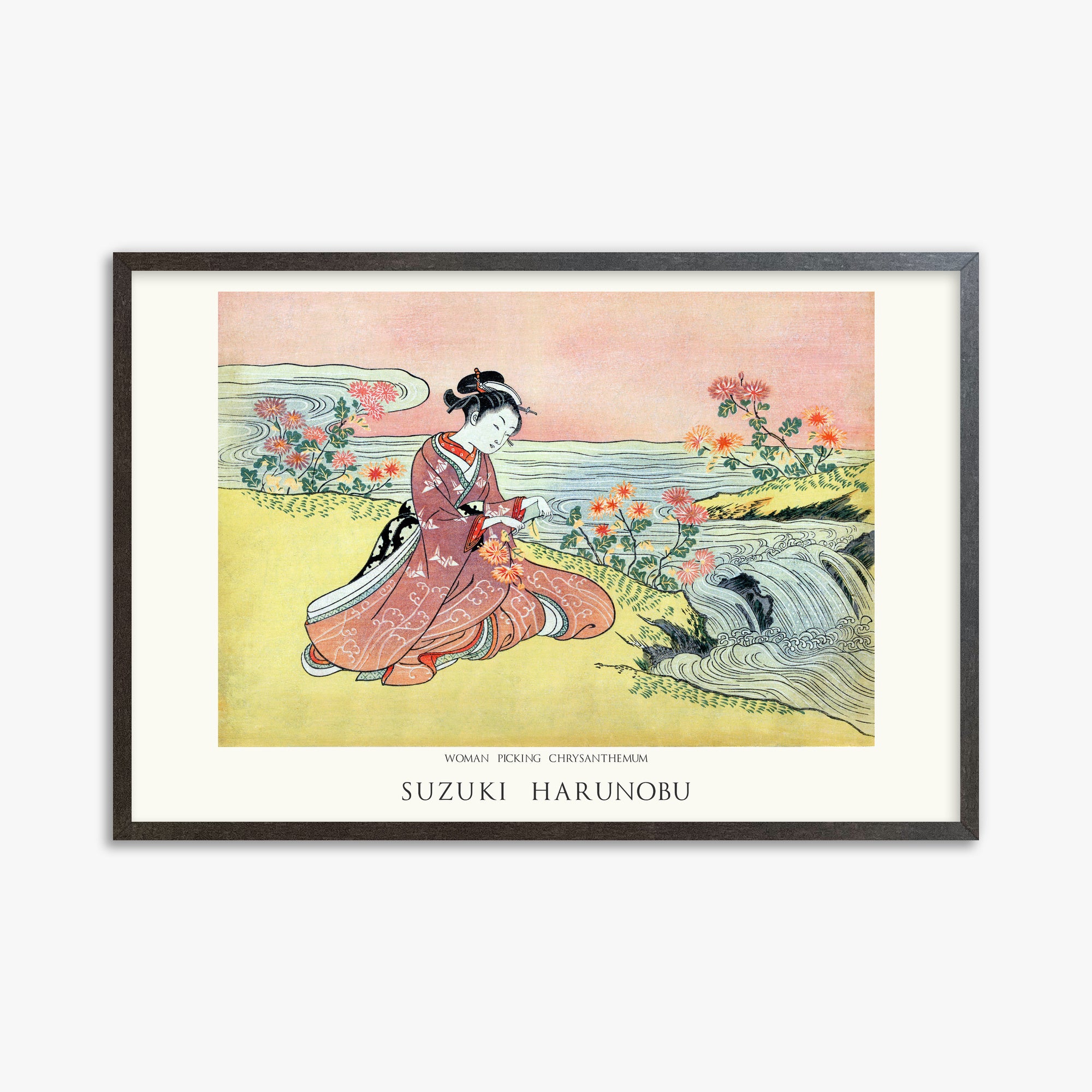 Suzuki Harunobu: Woman Picking Chrysanthemum - Japandi, 61x91cm Framed Art Reproduction With Espresso Frame