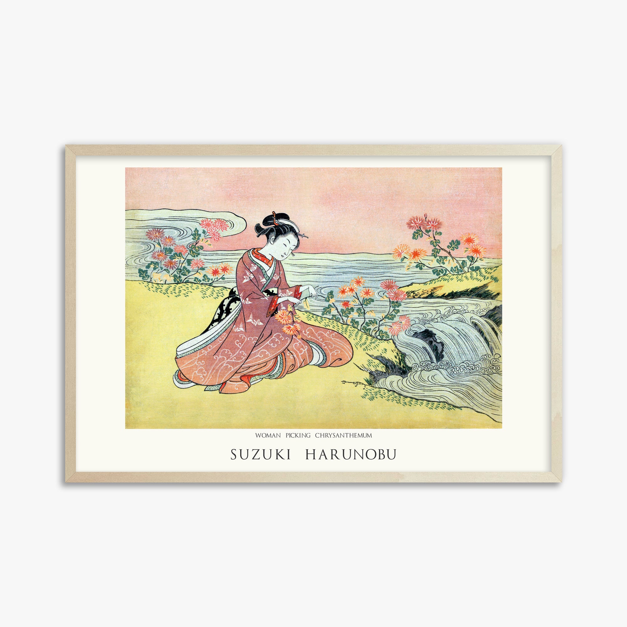Suzuki Harunobu: Woman Picking Chrysanthemum - Japandi, 61x91cm Framed Art Reproduction With Lime Wood Frame