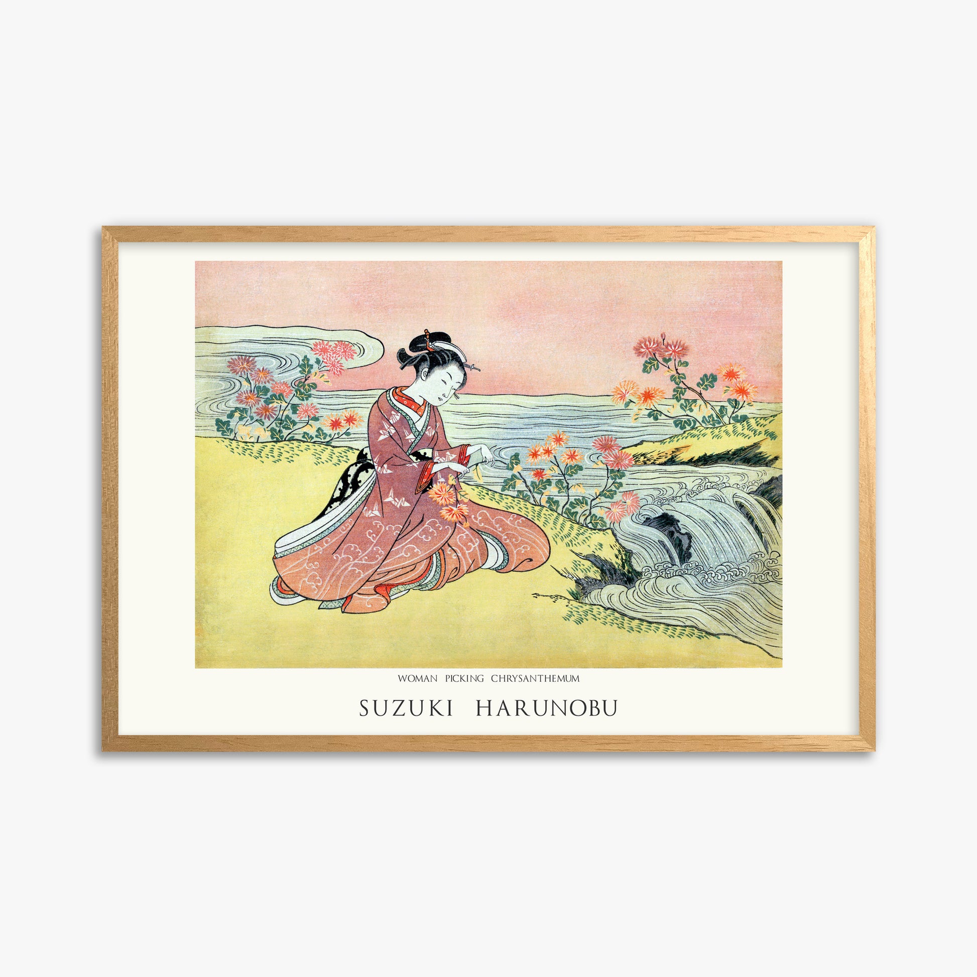 Suzuki Harunobu: Woman Picking Chrysanthemum - Japandi, 61x91cm Framed Art Reproduction With Oak Frame