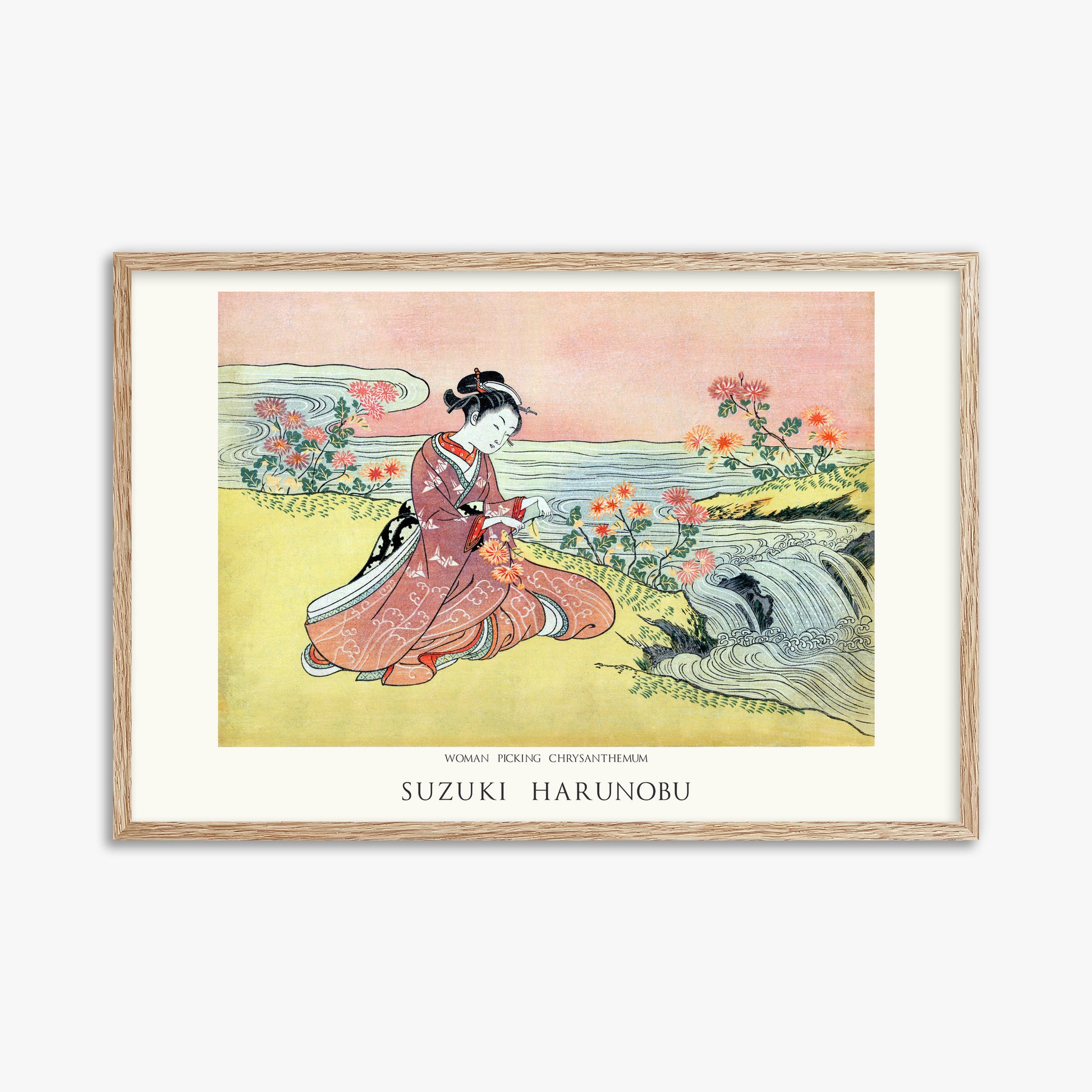 Suzuki Harunobu: Woman Picking Chrysanthemum - Japandi, 61x91cm Framed Art Reproduction With Raw Oak Frame