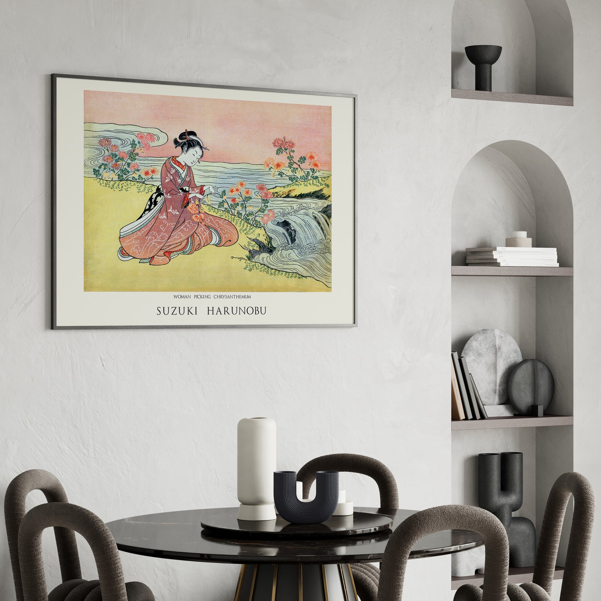 Design Concept No. 26 for Suzuki Harunobu: Woman Picking Chrysanthemum - Japandi Japanese Wall Art