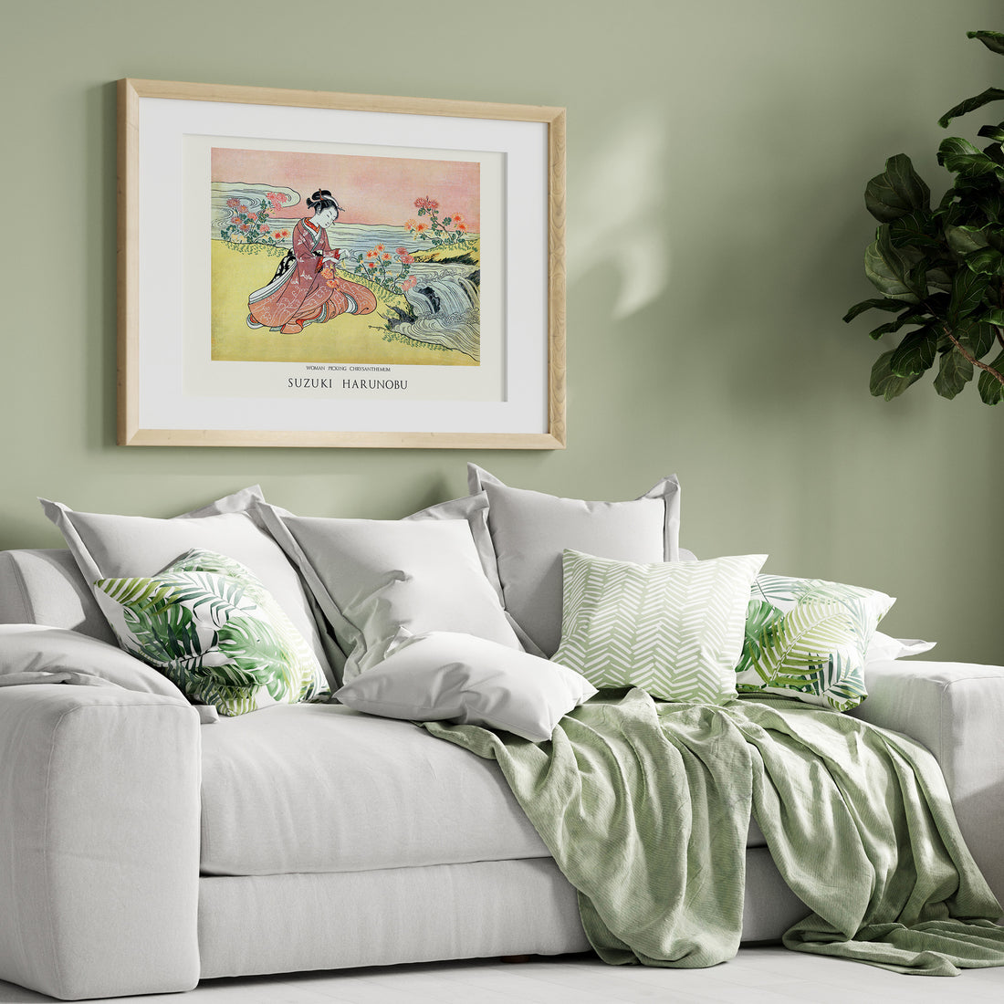 Suzuki Harunobu: Woman Picking Chrysanthemum - Japandi, 50x70cm Framed Art Reproduction With Black Frame