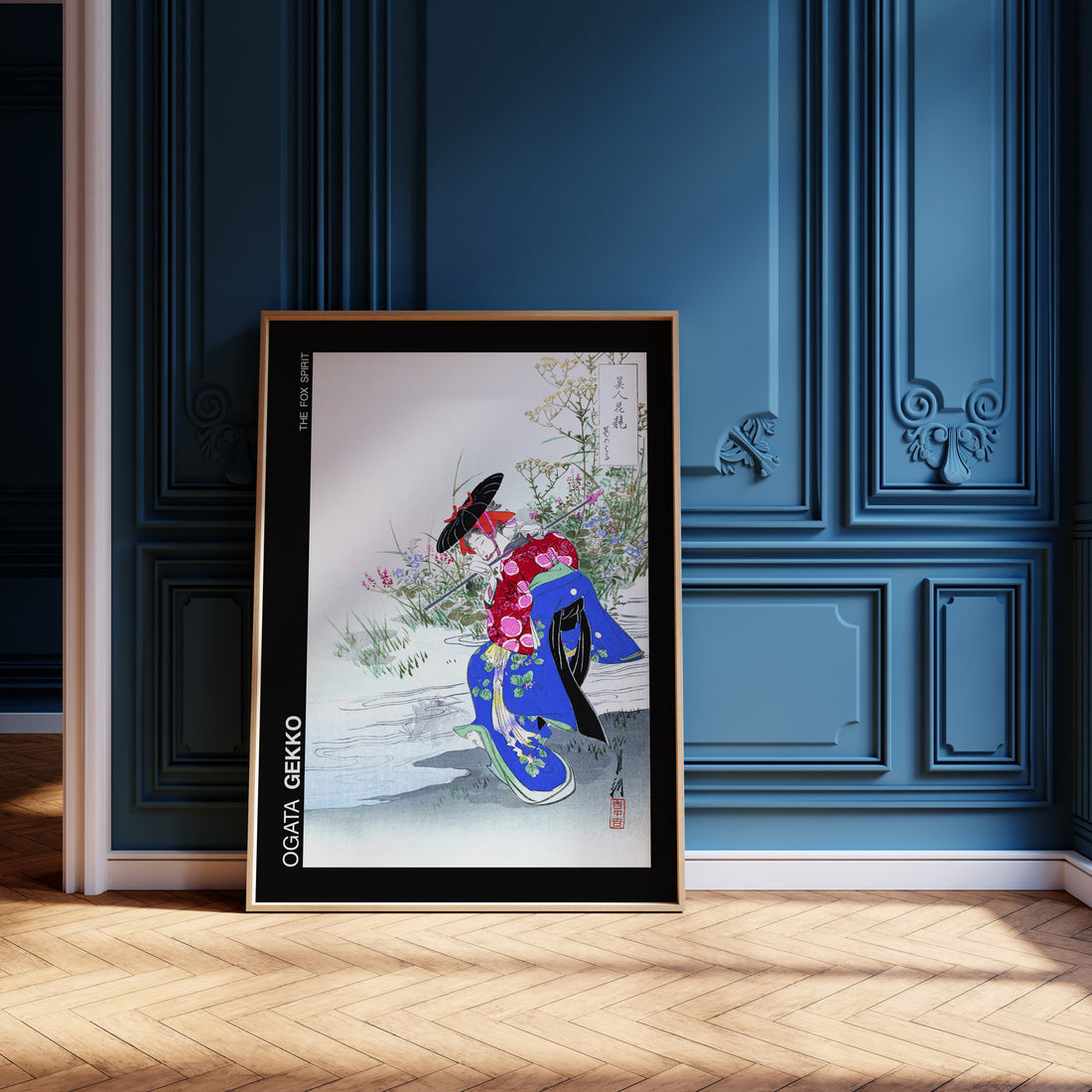 Ogata Gekko: The Fox Spirit - Japandi, 50x70cm Framed Art Reproduction With Black Frame