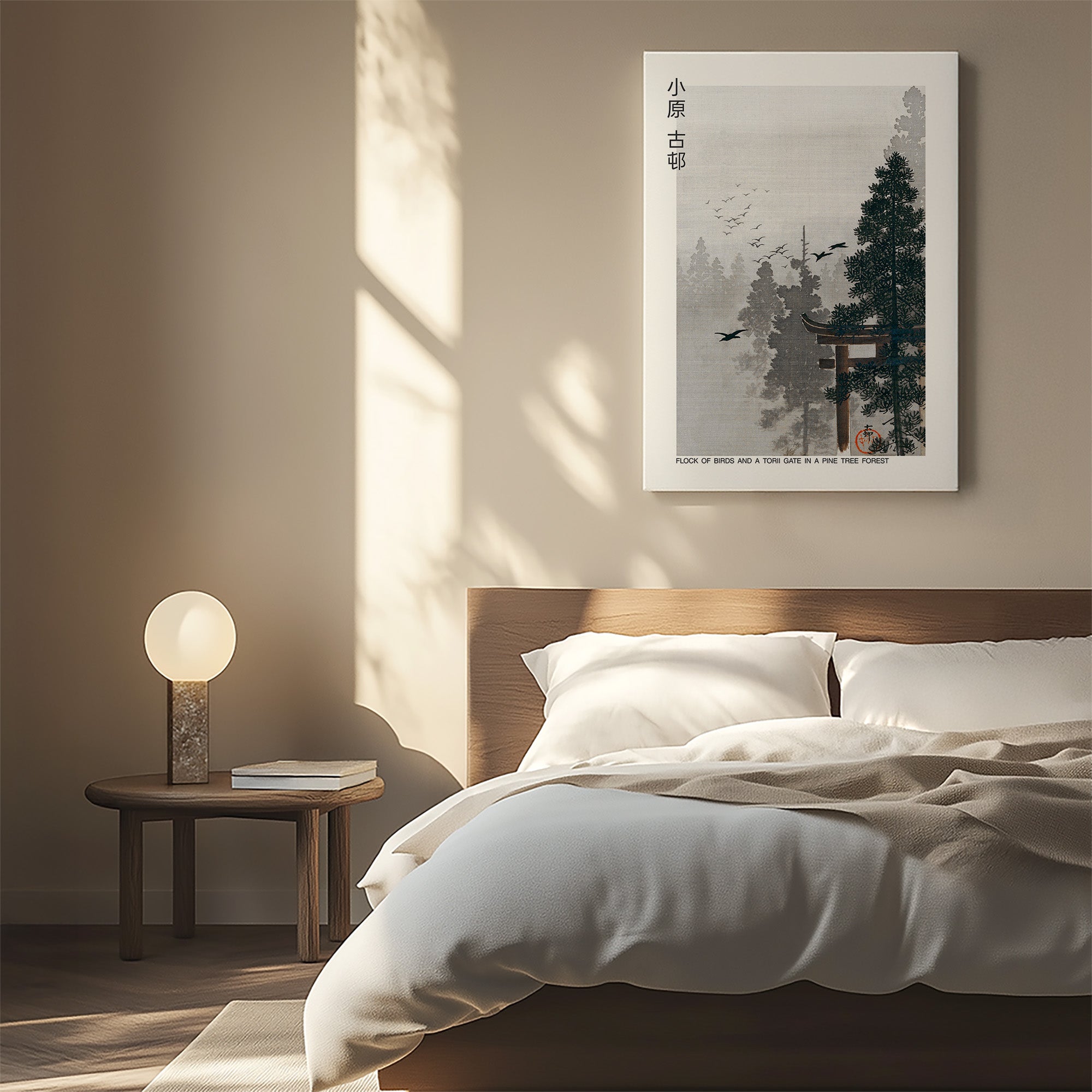 Vogelschwarm und Torii-Tor in einem Kiefernwald - Galeriestil