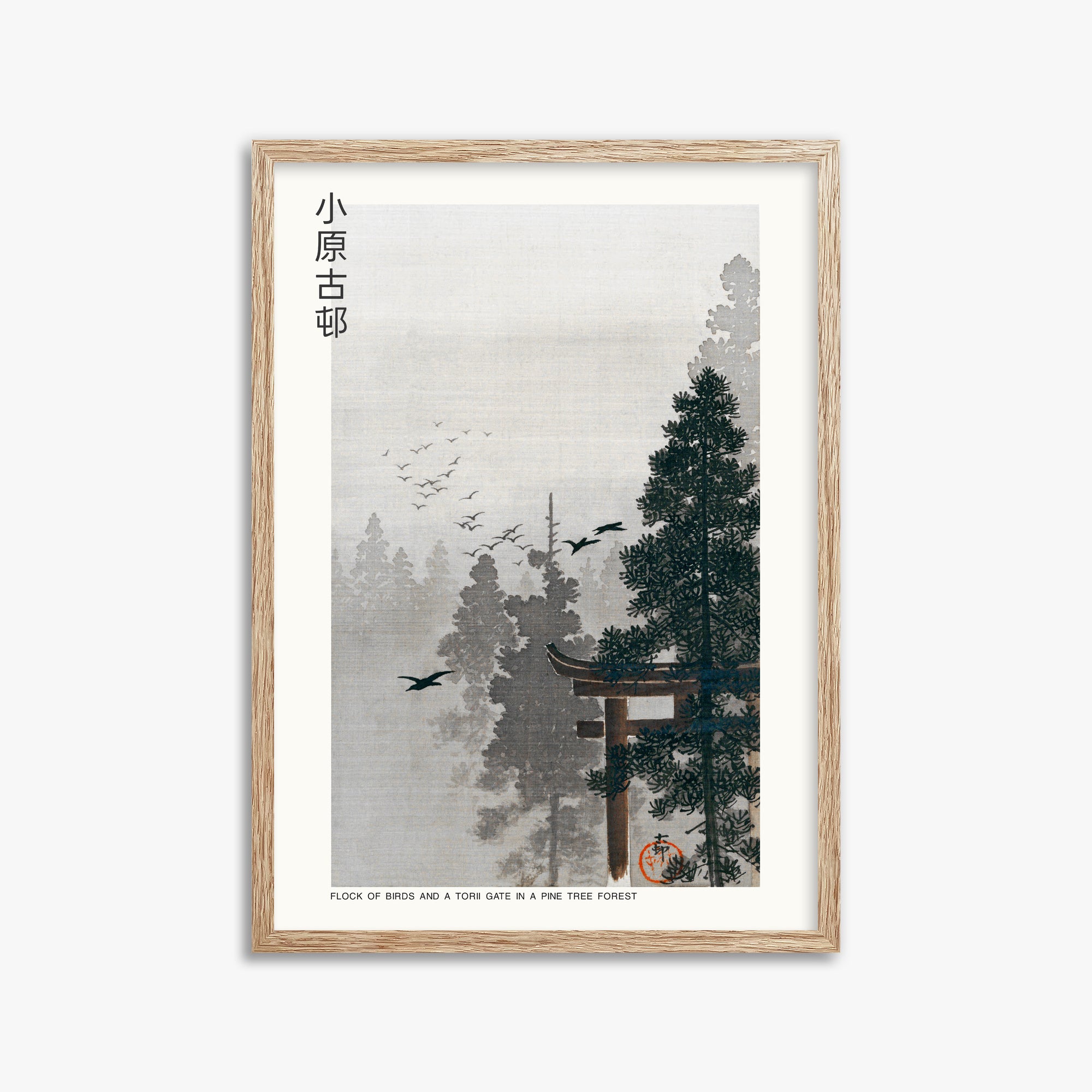 Ohara Koson: Flock of Birds and a Torii Gate in a Pine Tree Forest - Japandi, 50x70cm Framed Art Reproduction With Raw Oak Frame